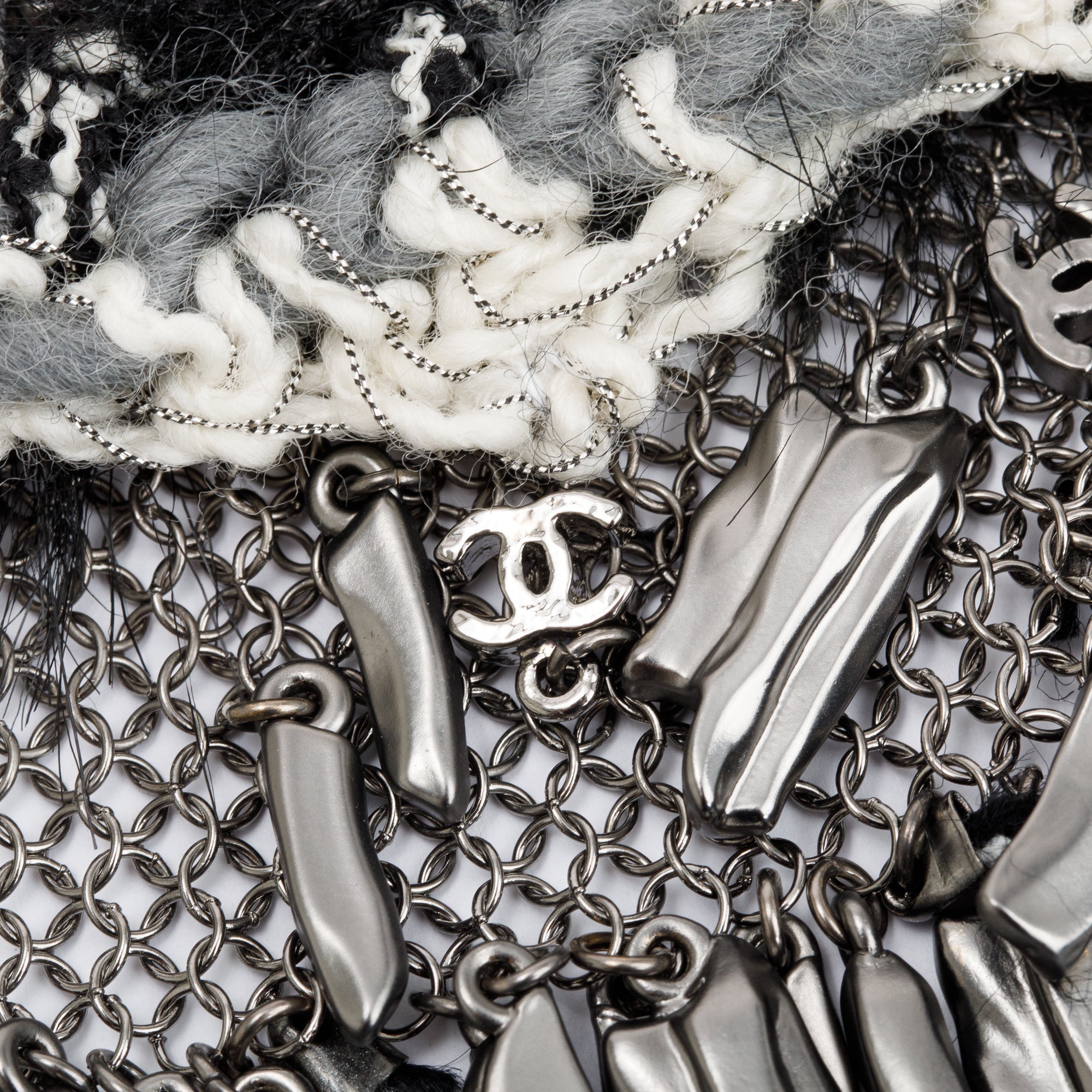 Chanel Ruthenium Faux Fur & Tweed Chainmail & CC Logo Fringe Necklace w/ Box