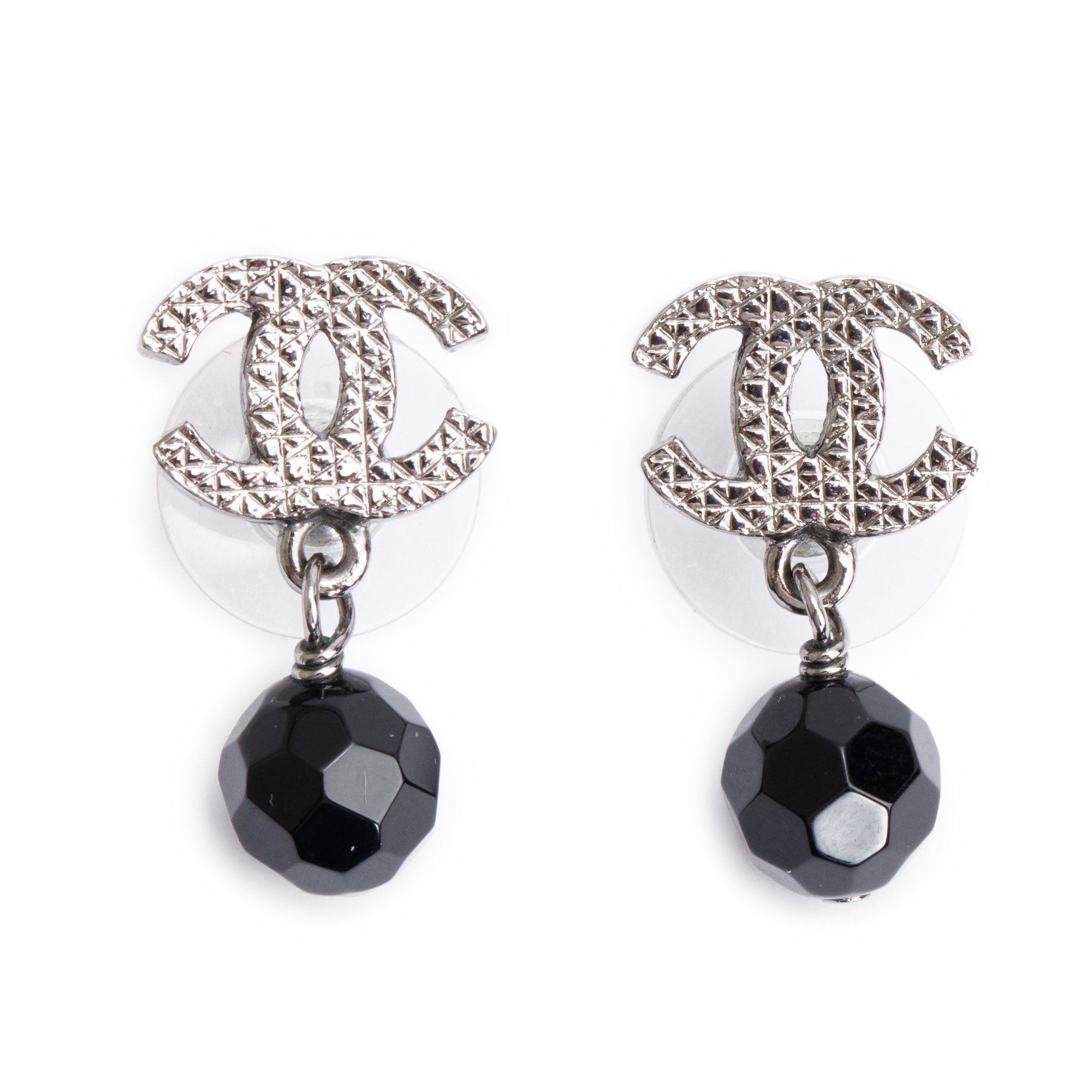 Chanel Ruthenium-Plated Black Resin Bead CC Drop Earrings w/ Box