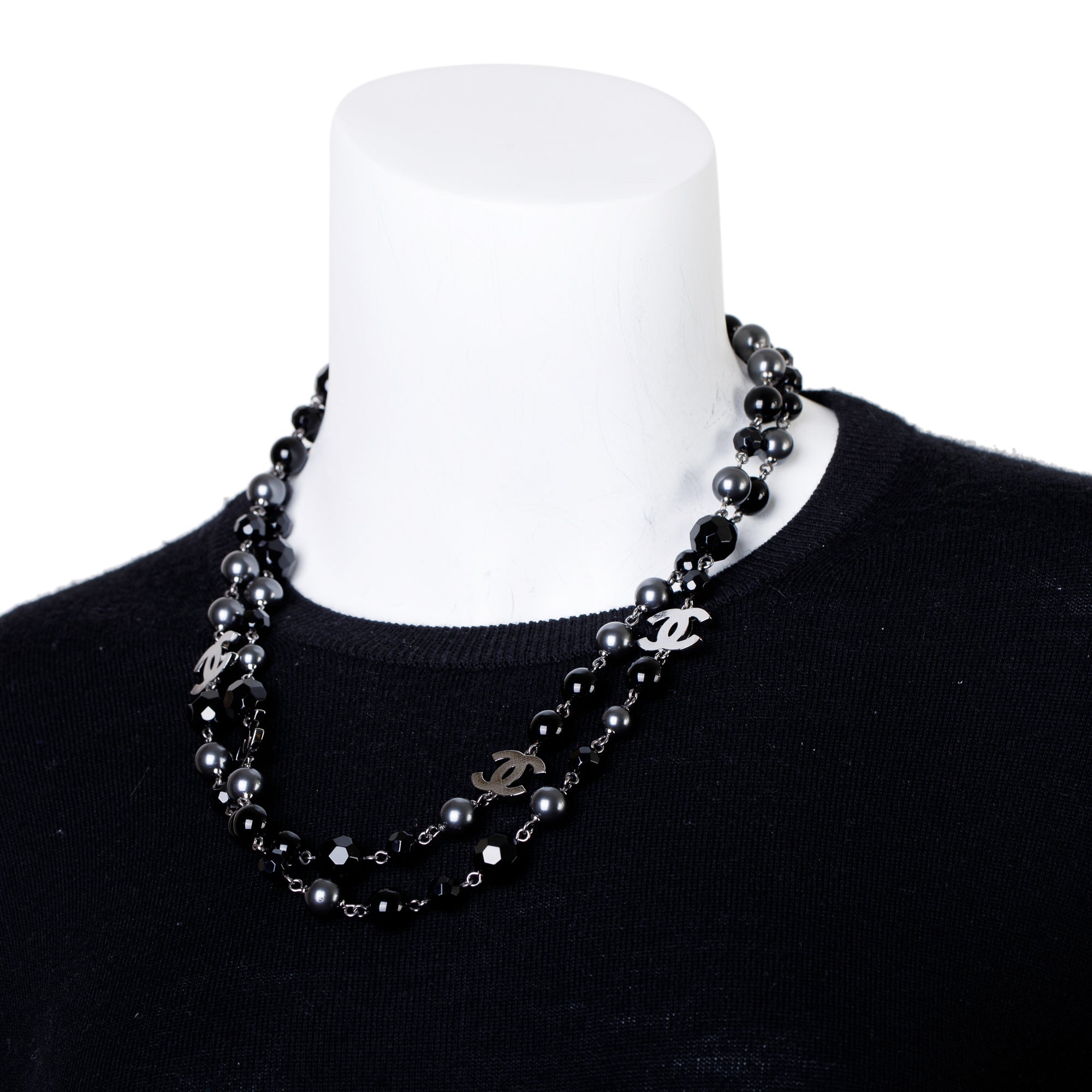 Chanel Ruthenium Plated Faux Pearl, Resin & Bead CC Long Necklace w/ Box