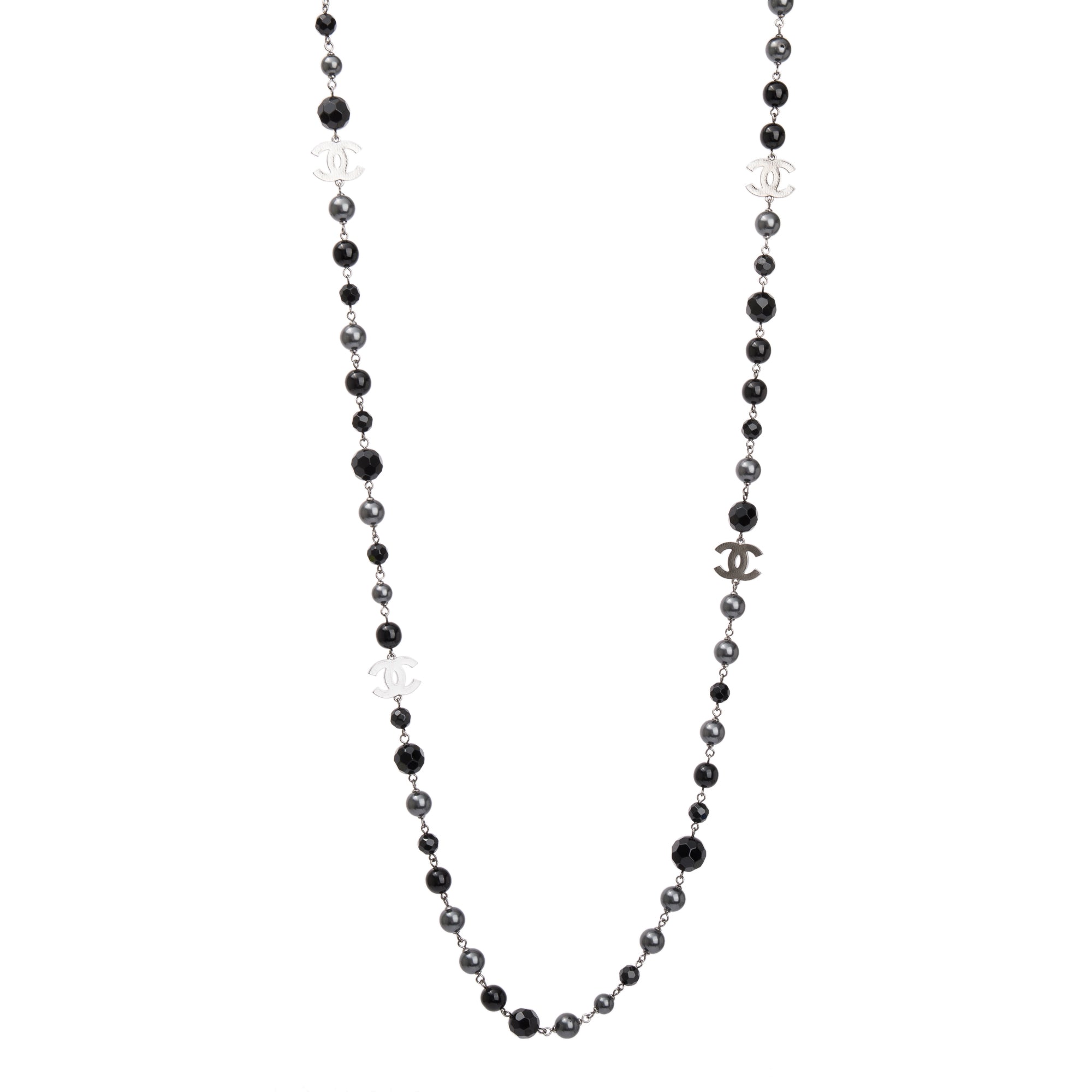 Chanel Ruthenium Plated Faux Pearl, Resin & Bead CC Long Necklace w/ Box