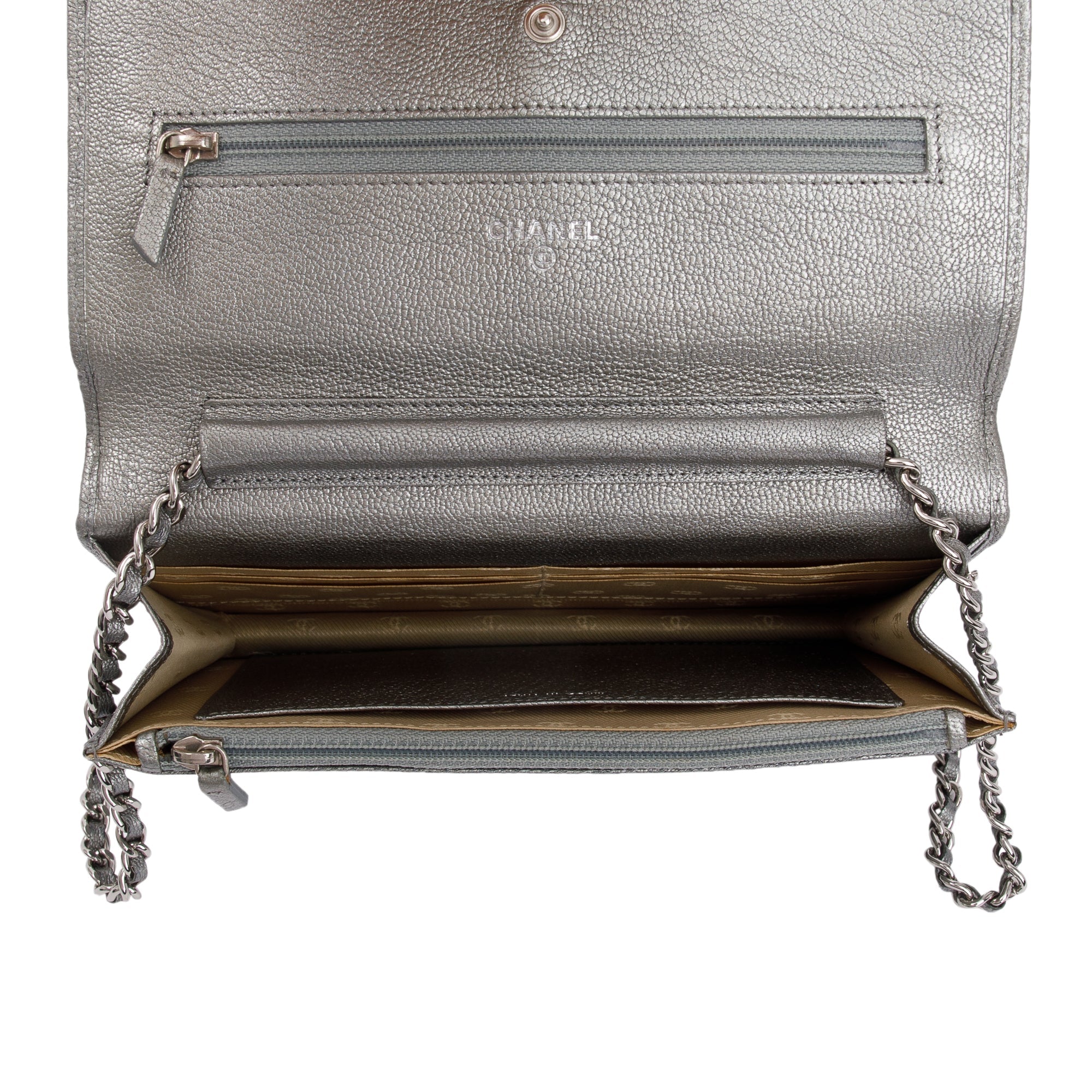 Chanel Silver Calfskin Leather CC Wallet on Chain w/ Box