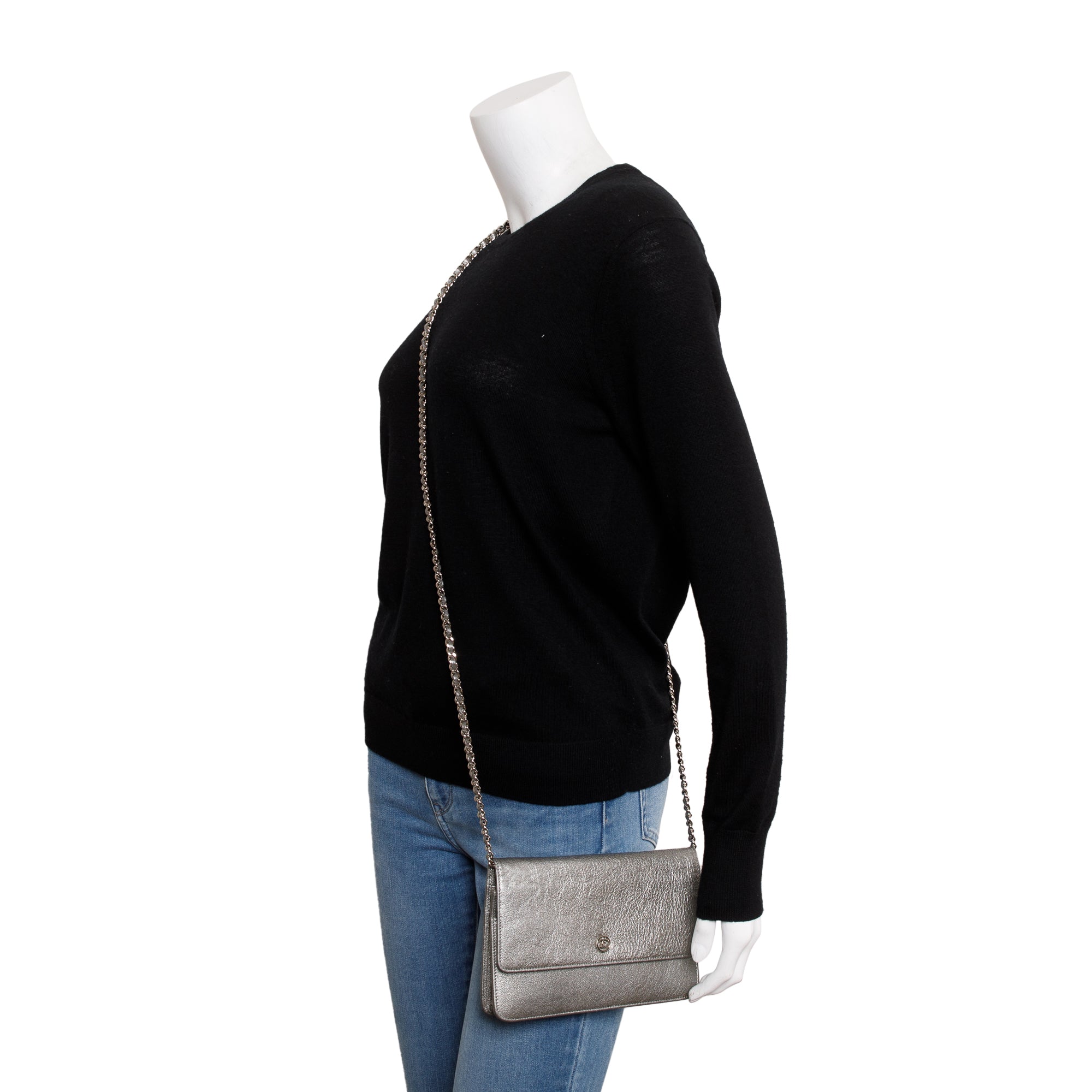 Chanel Silver Calfskin Leather CC Wallet on Chain w/ Box