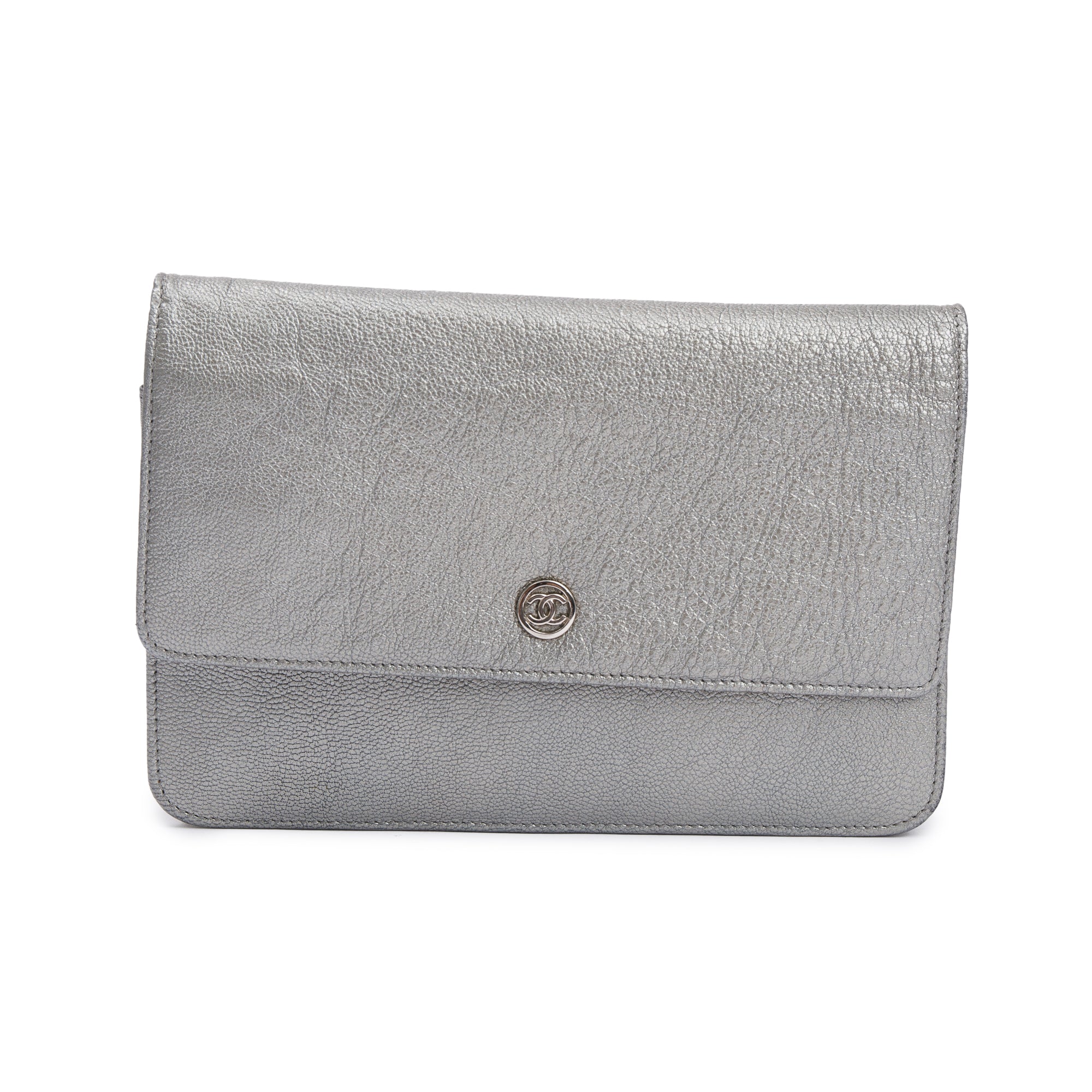 Chanel Silver Calfskin Leather CC Wallet on Chain w/ Box