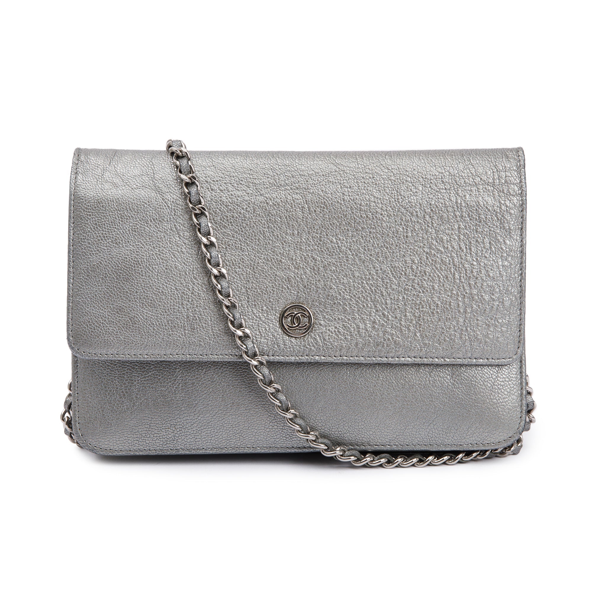 Chanel Silver Calfskin Leather CC Wallet on Chain w/ Box