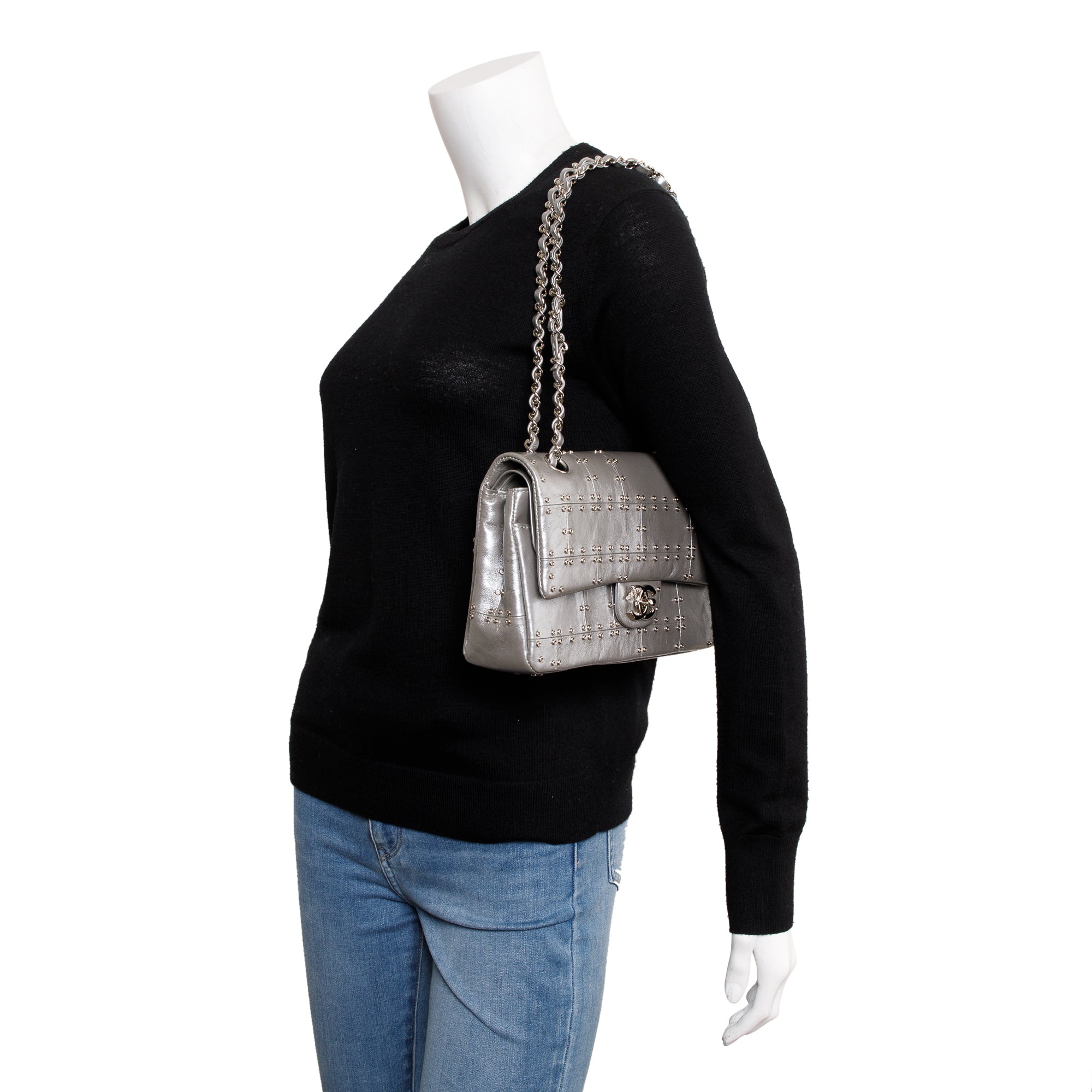 Chanel Silver Calfskin Leather Grommet Airline Medium Double Flap Bag w/ Authenticity Card & Receipt