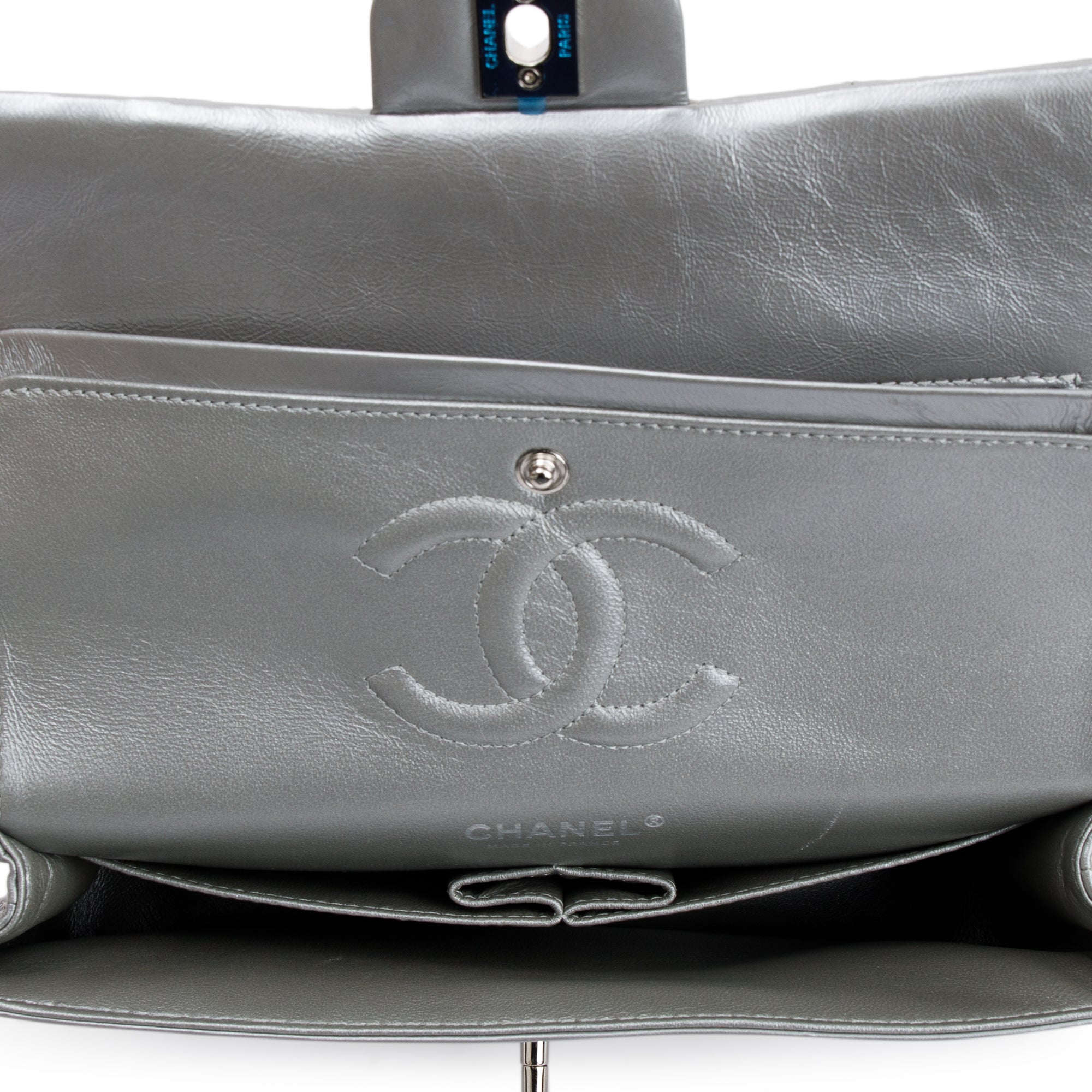 Chanel Silver Calfskin Leather Grommet Airline Medium Double Flap Bag w/ Authenticity Card & Receipt
