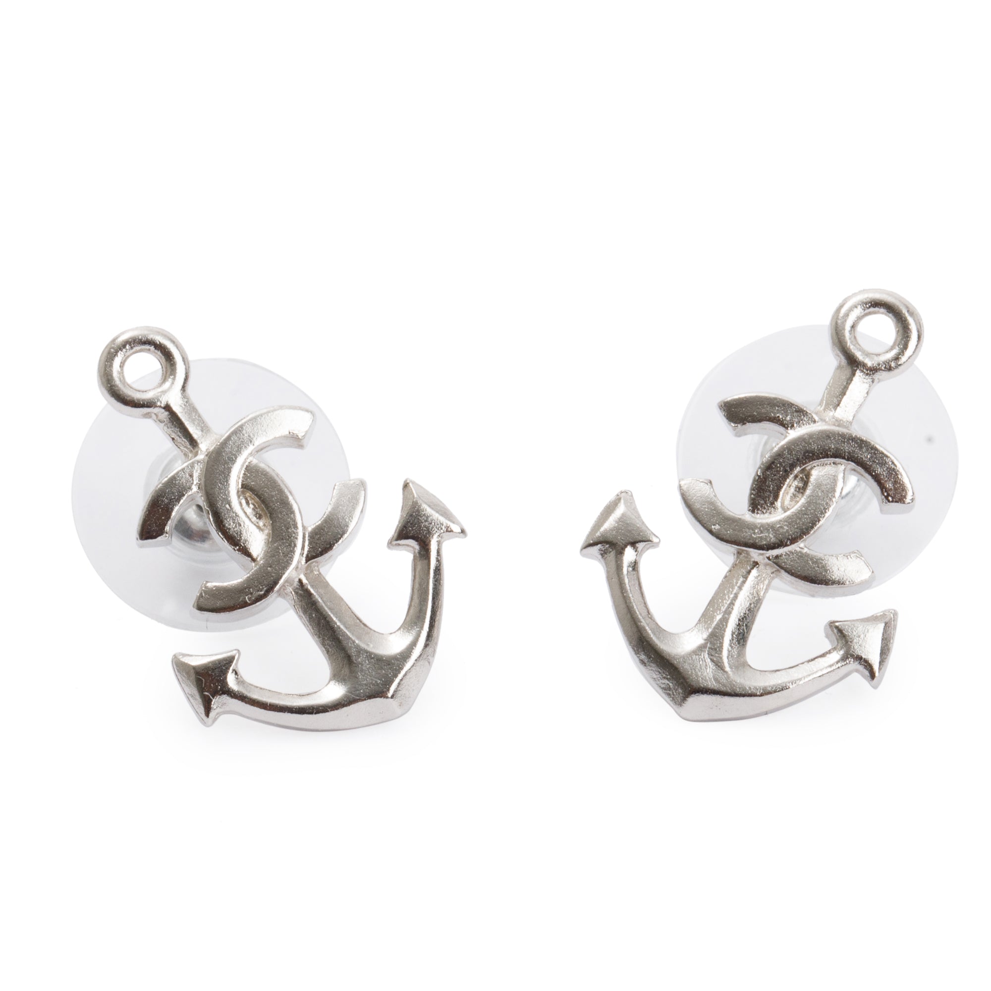 Chanel Silver Metal Anchor CC Earrings w/ Box