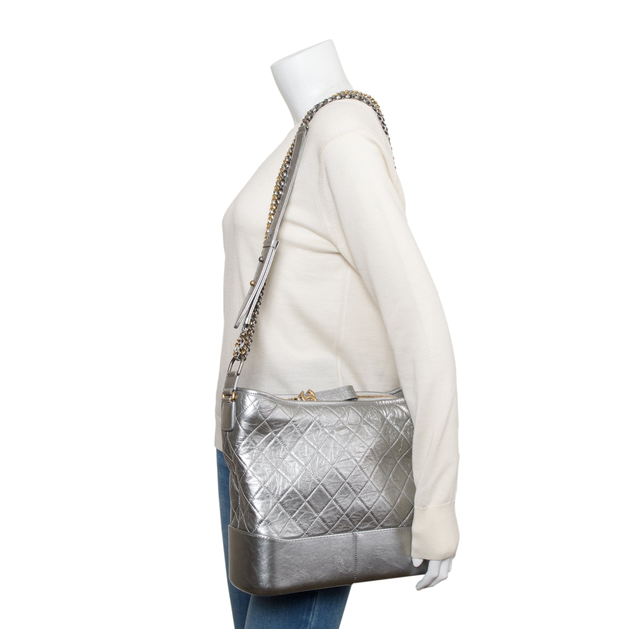 Chanel Silver Metallic Aged Calfskin Leather Large Gabrielle Hobo w/ Authenticity Card