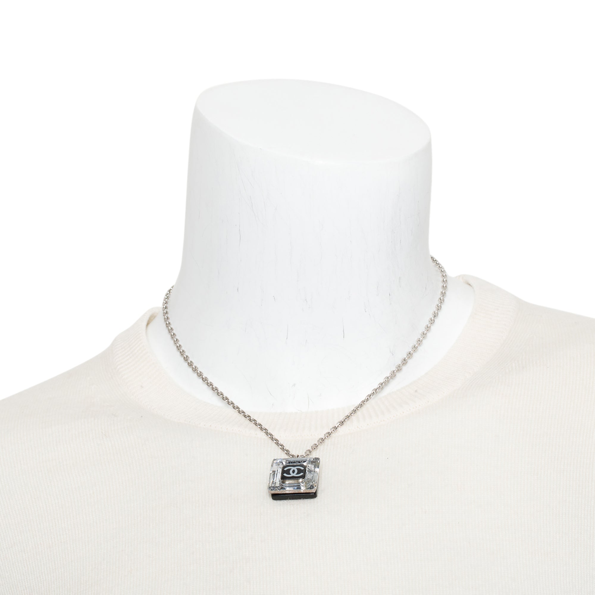 Chanel Silver-Plated CC Crystal Square Pendant Necklace w/ Box