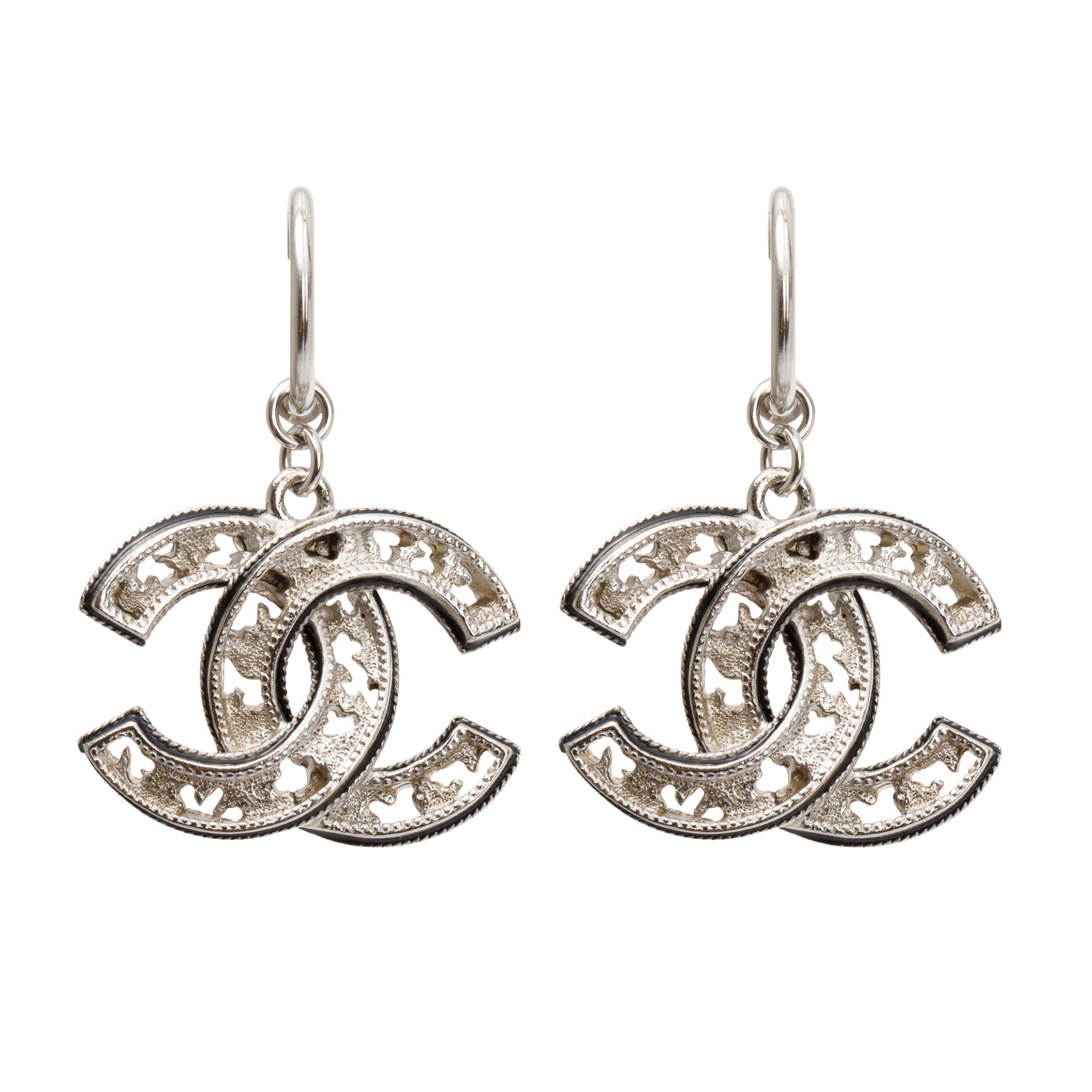 Chanel Silver Plated CC Drop Earrings w/ Box