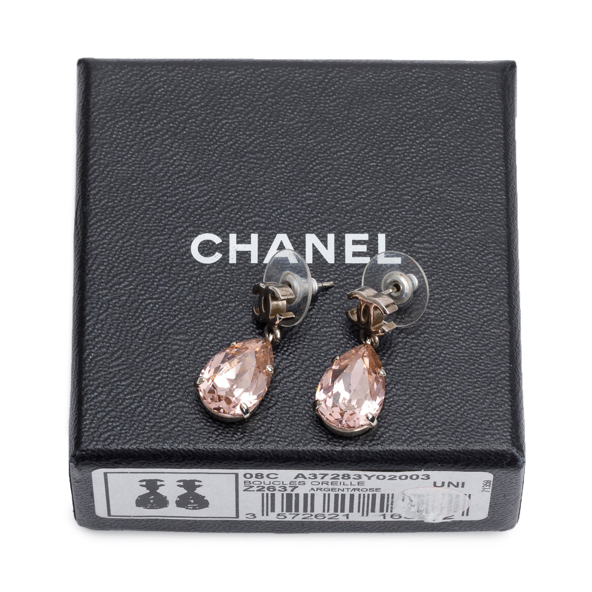Chanel Silver Plated CC Pink Crystal Teardrop Earrings w/ Box