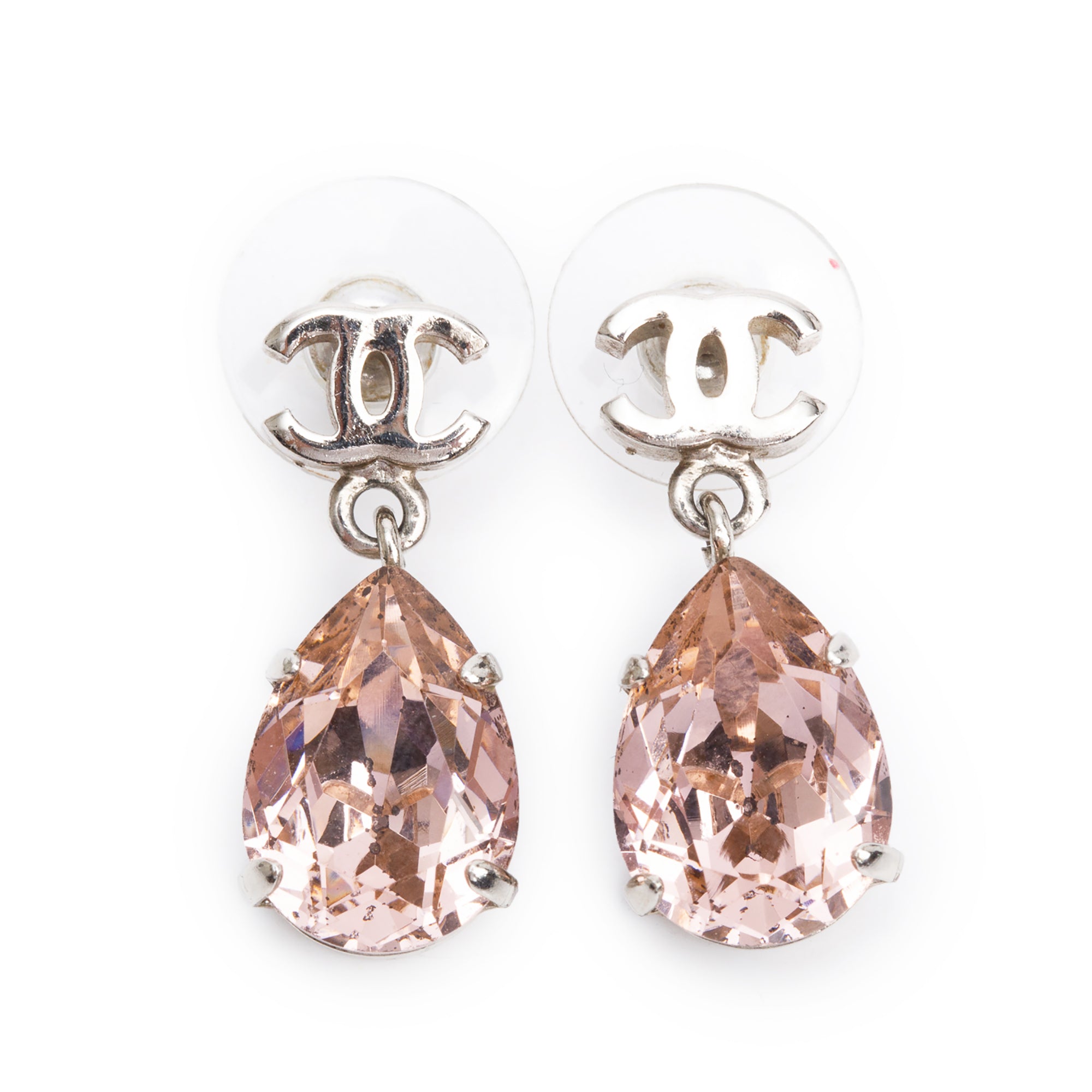 Chanel Silver Plated CC Pink Crystal Teardrop Earrings w/ Box