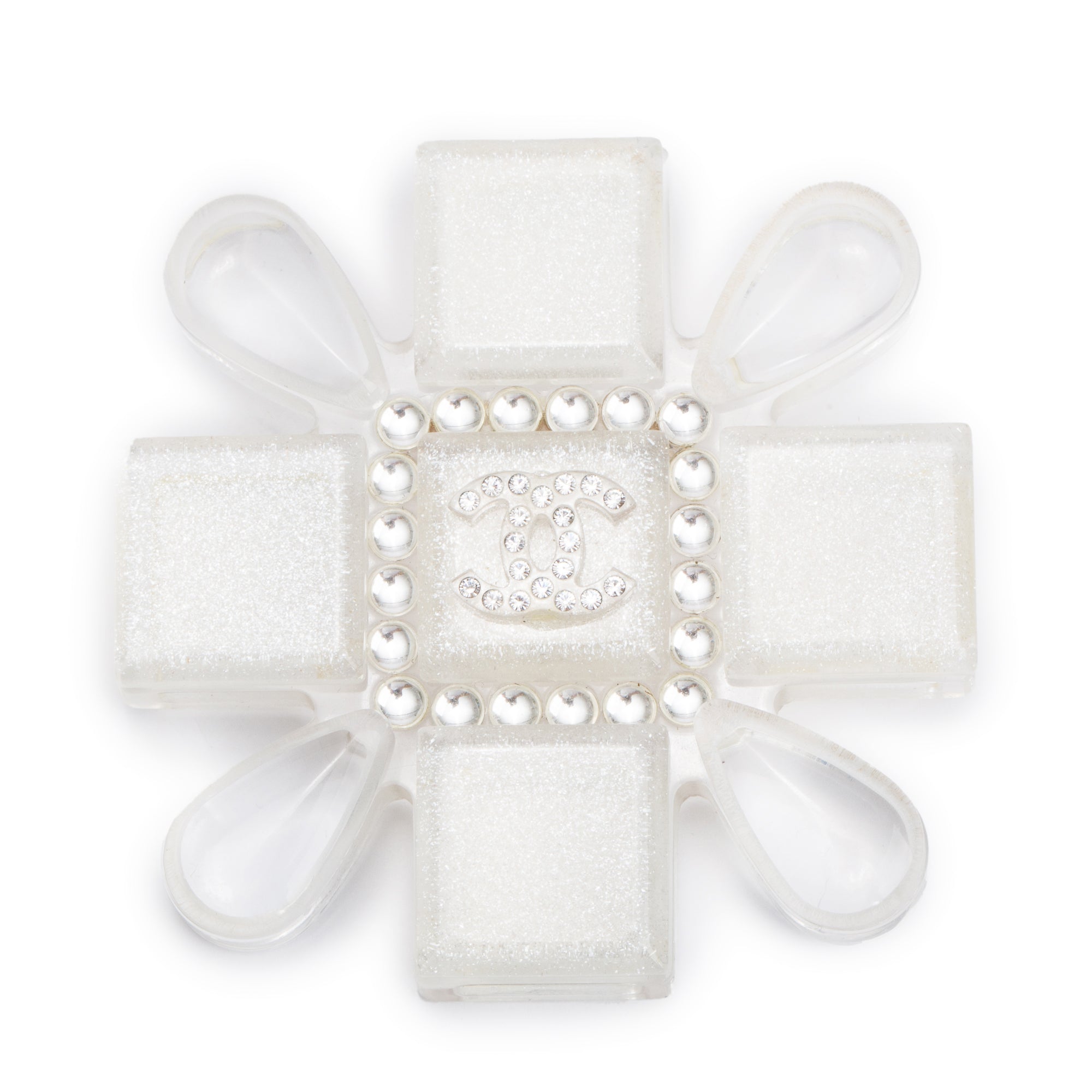 Chanel Silver Plated Clear Resin & Strass CC Cross Brooch