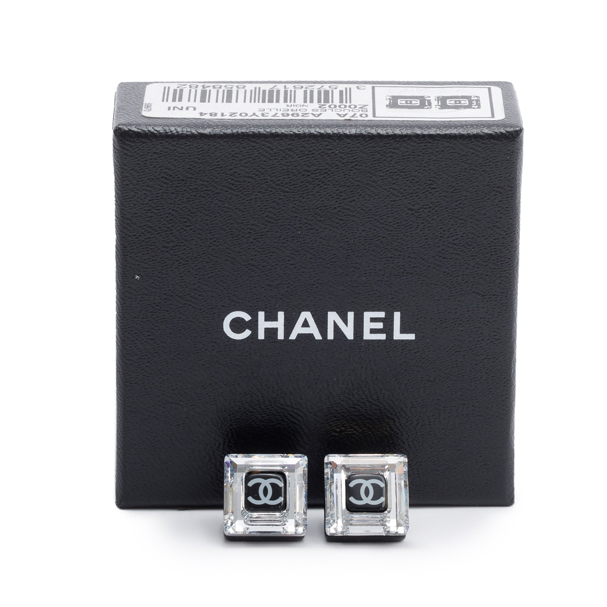 Chanel Silver Plated Crystal CC Square Earrings w/ Box