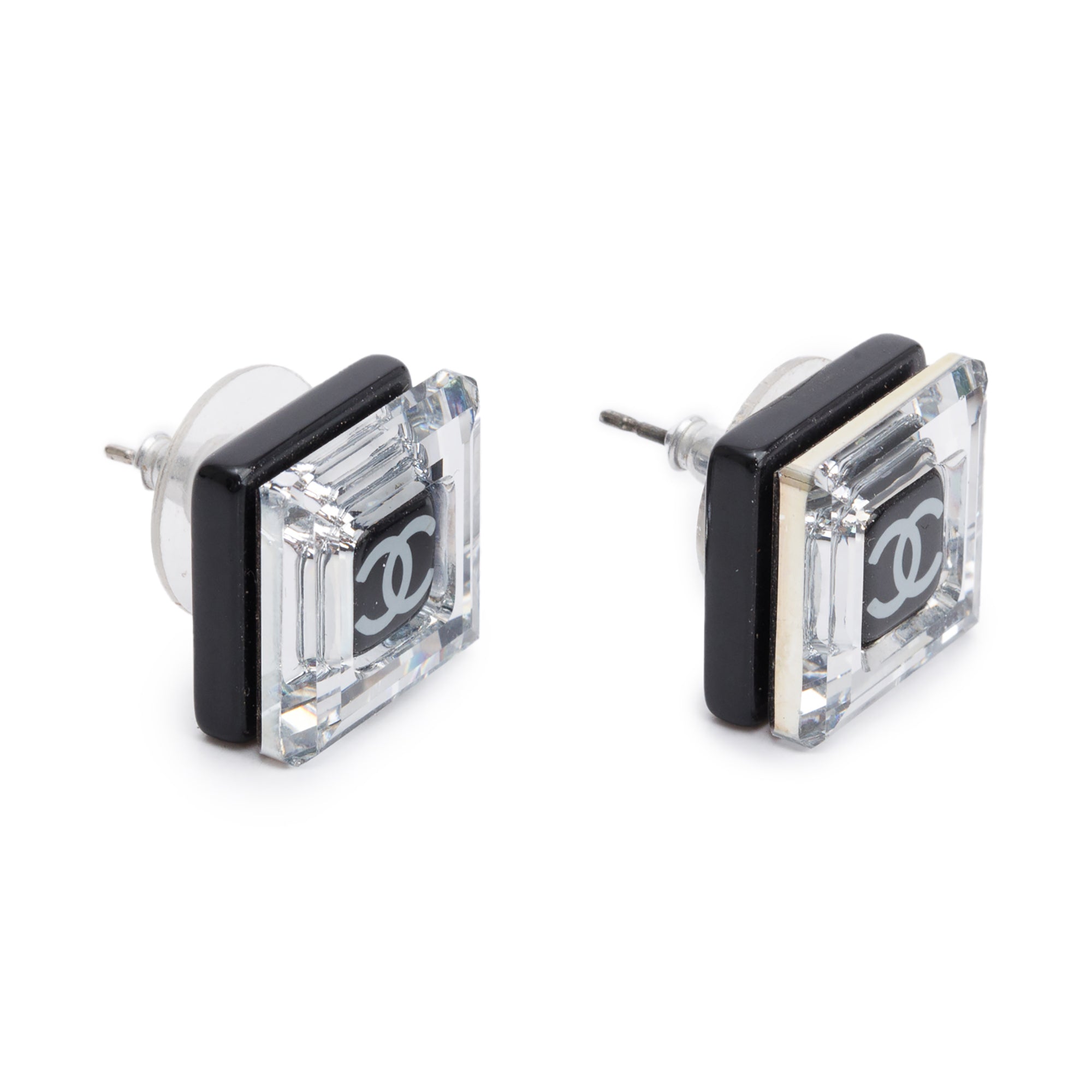 Chanel Silver Plated Crystal CC Square Earrings w/ Box
