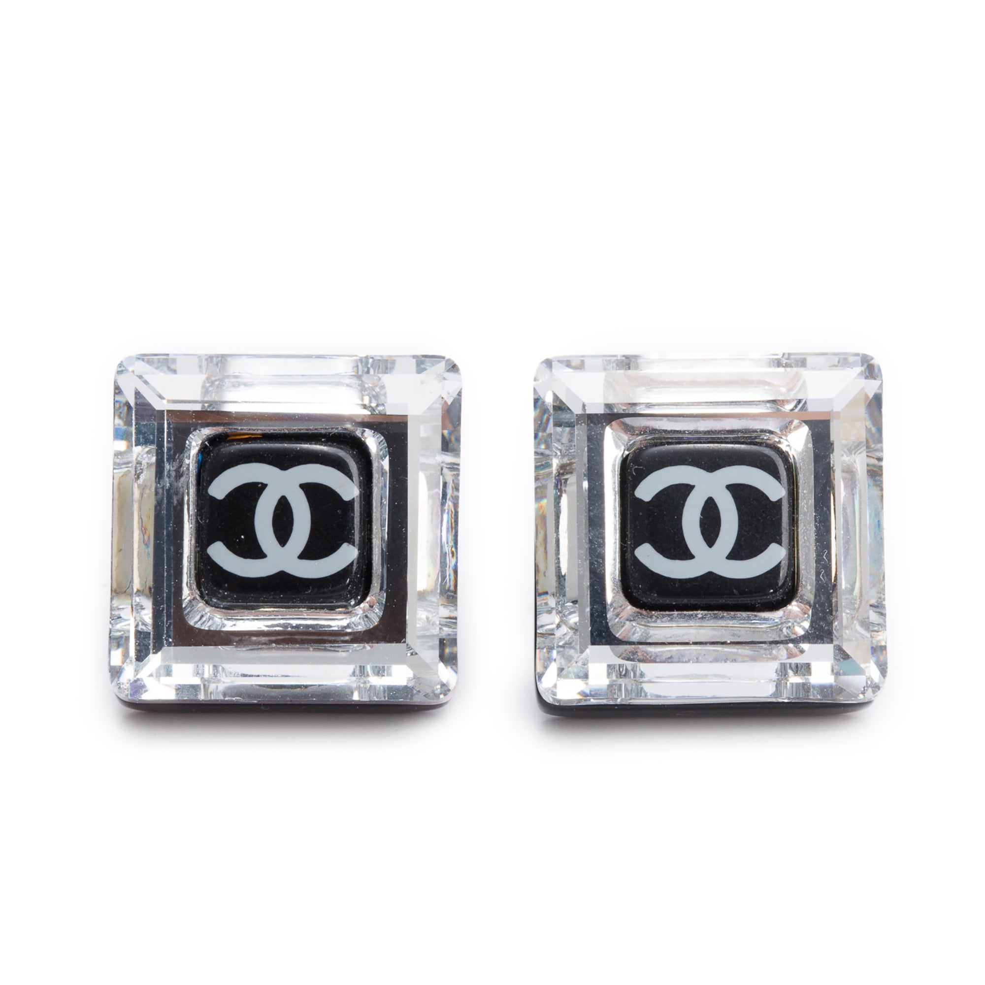 Chanel Silver Plated Crystal CC Square Earrings w/ Box