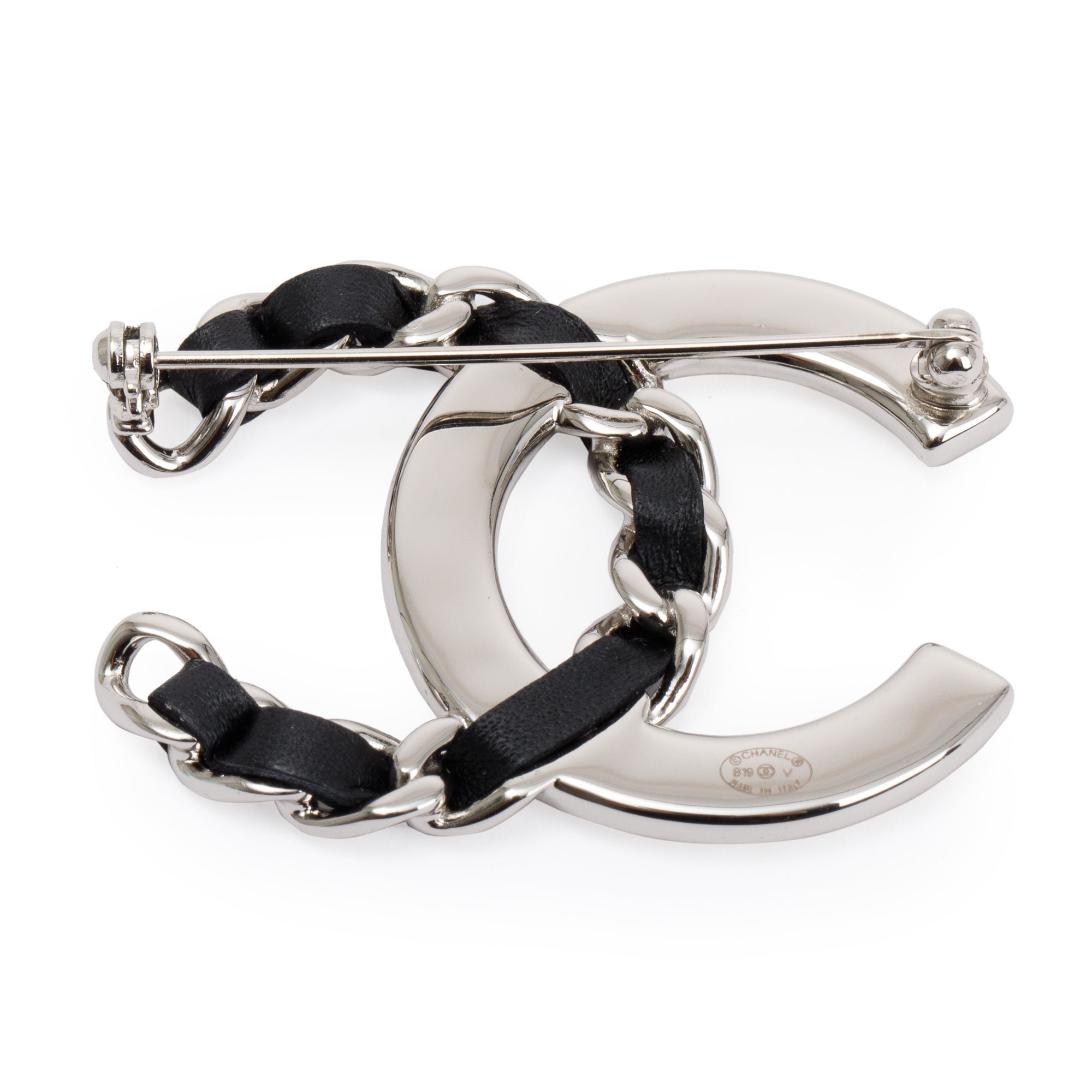 Chanel Silver Plated Leather & Strass CC Brooch w/ Box