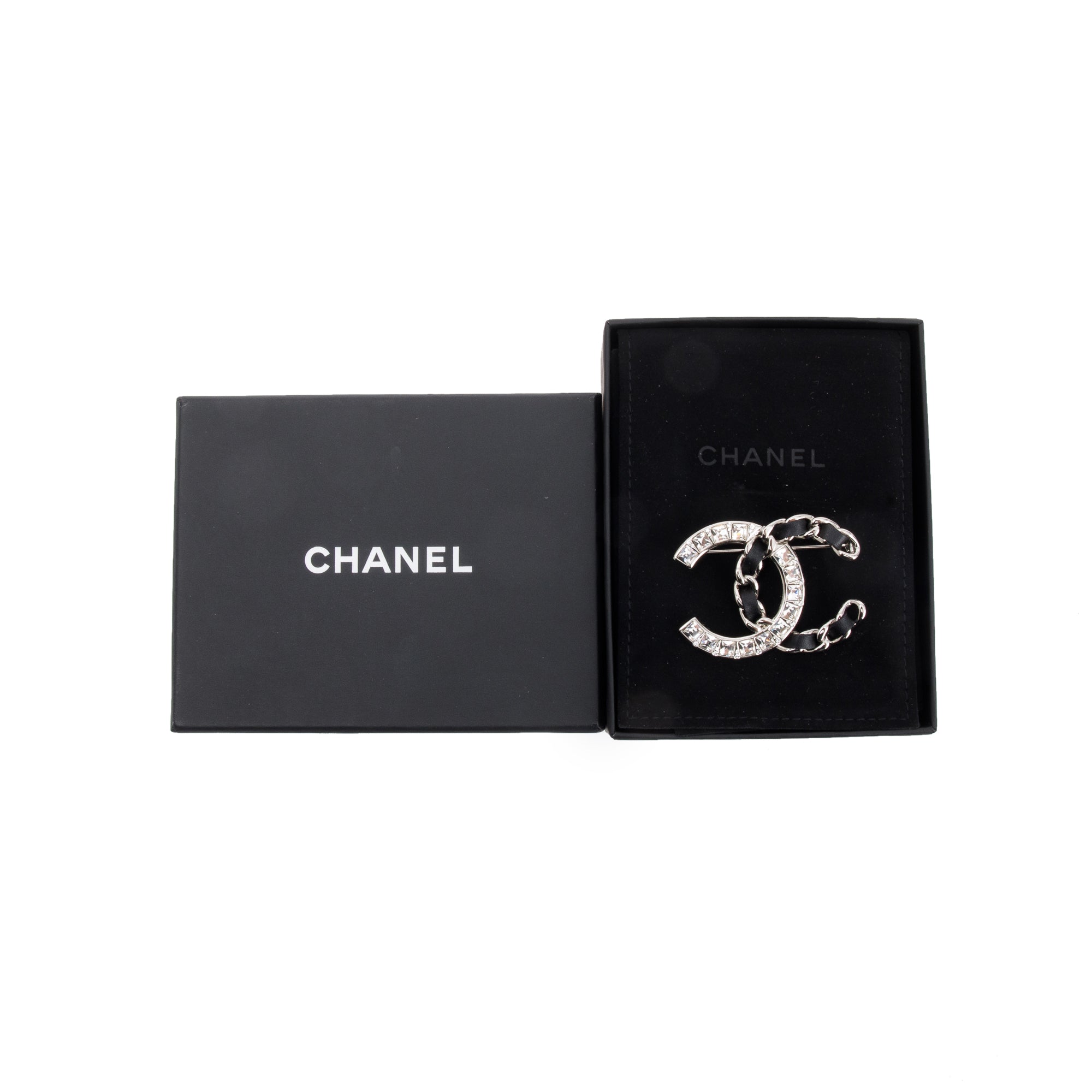 Chanel Silver Plated Leather & Strass CC Brooch w/ Box