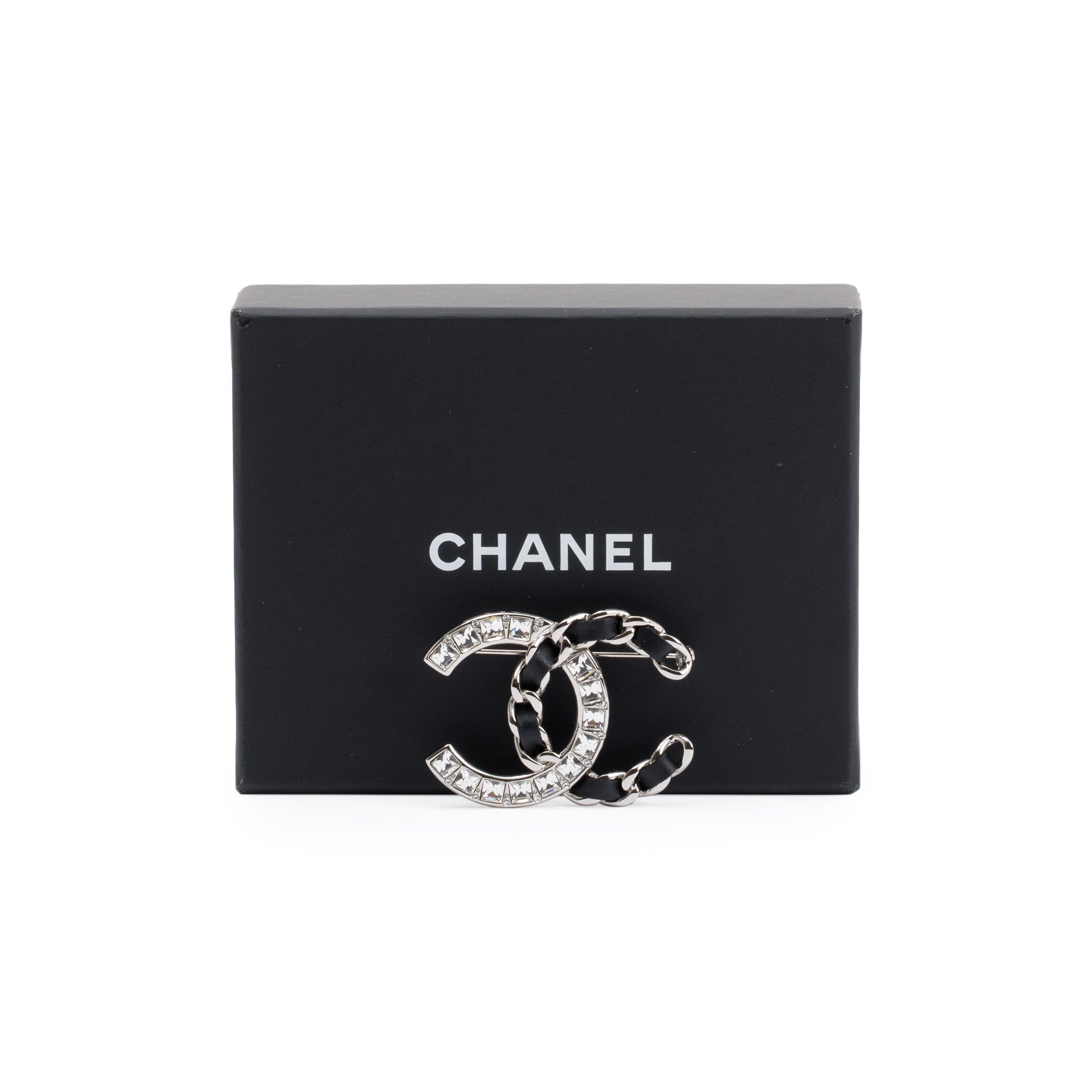 Chanel Silver Plated Leather & Strass CC Brooch w/ Box
