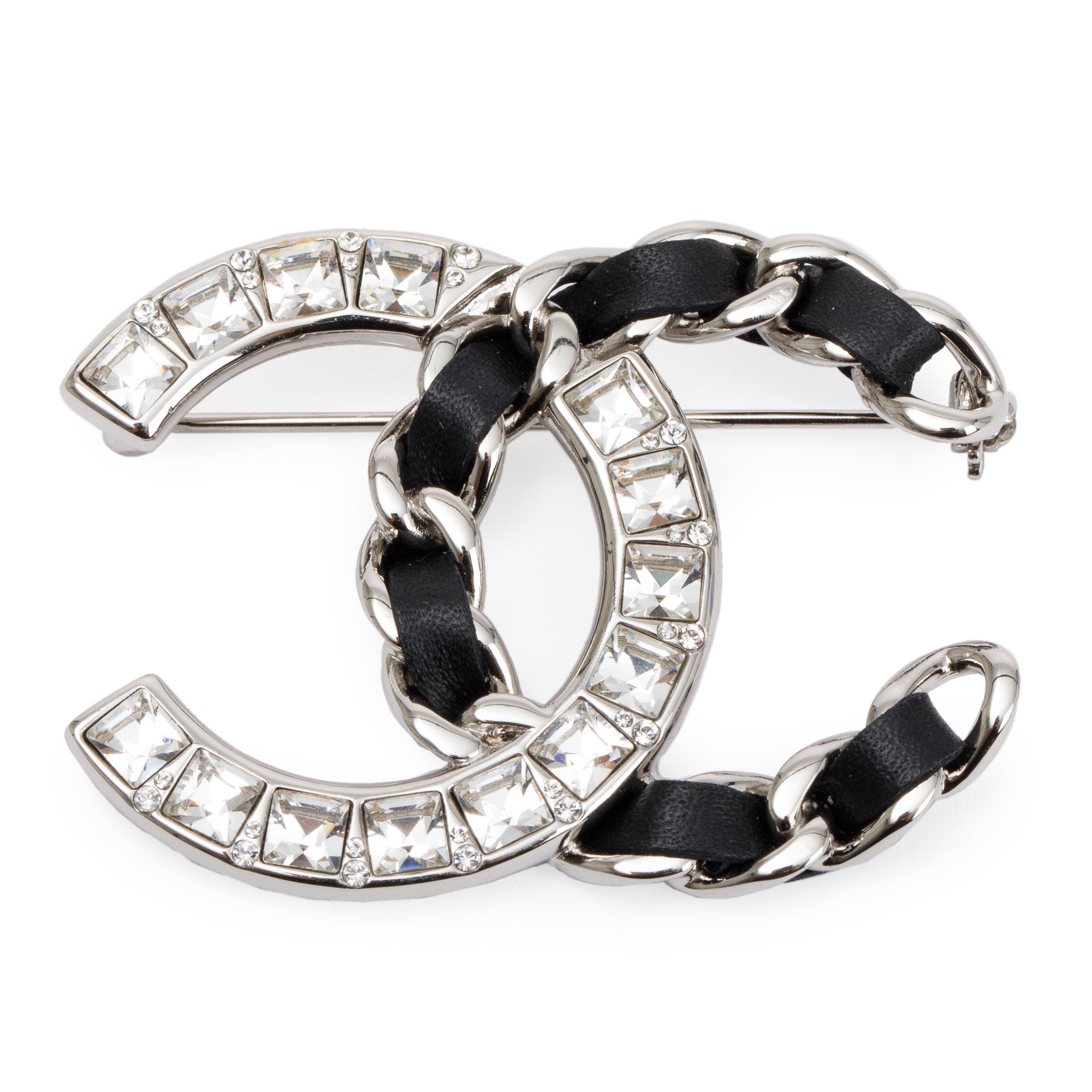 Chanel Silver Plated Leather & Strass CC Brooch w/ Box