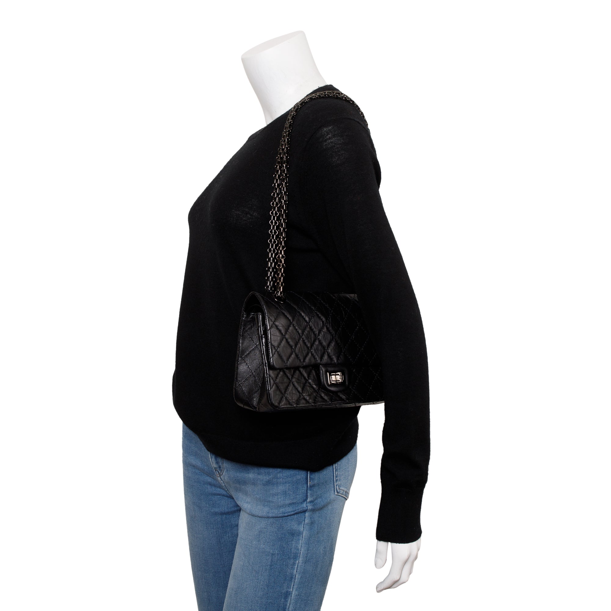 Chanel So Black Calfskin Leather 2.55 Reissue 225 Double Flap Bag w/ Box & Authenticity Card