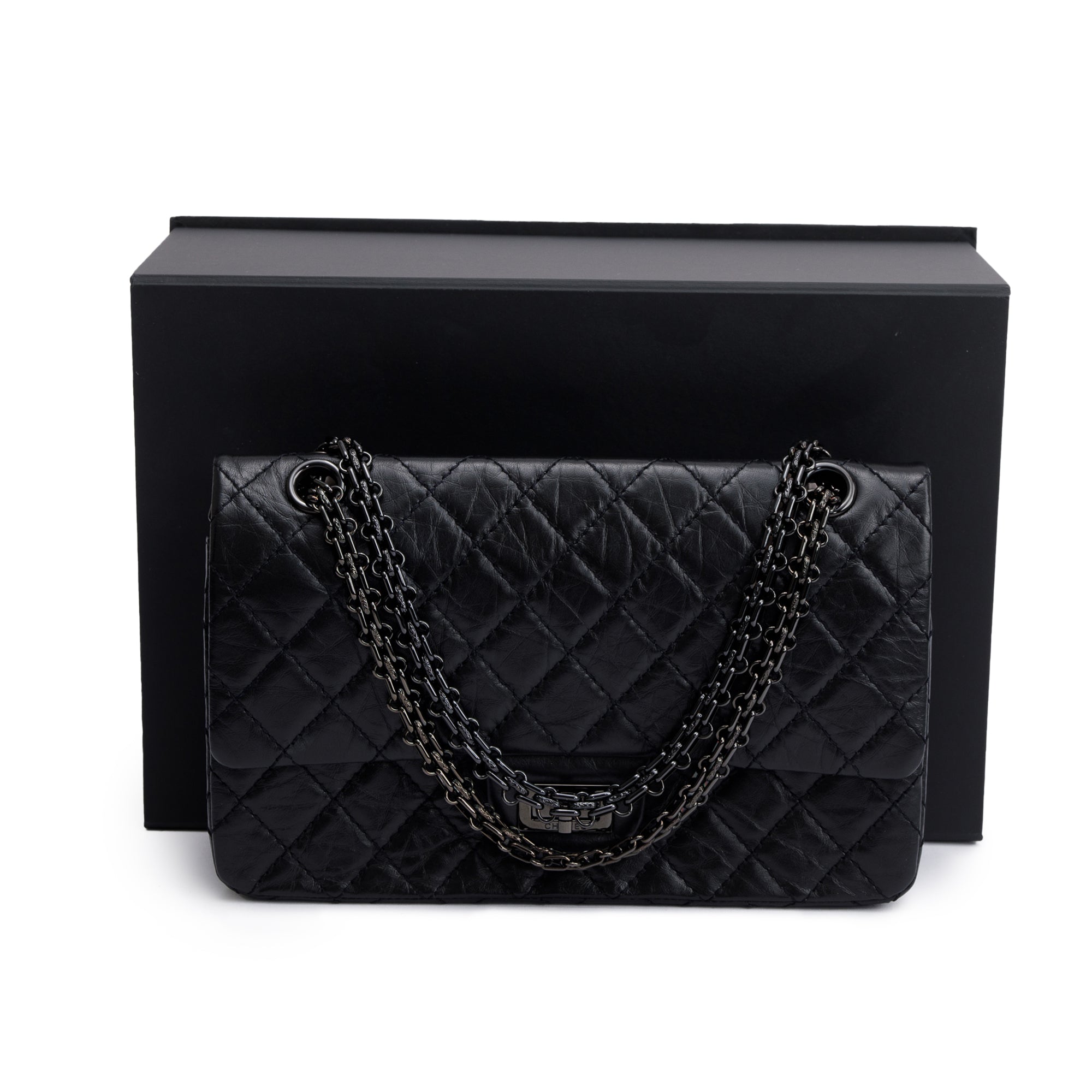 Chanel So Black Calfskin Leather 2.55 Reissue 225 Double Flap Bag w/ Box & Authenticity Card