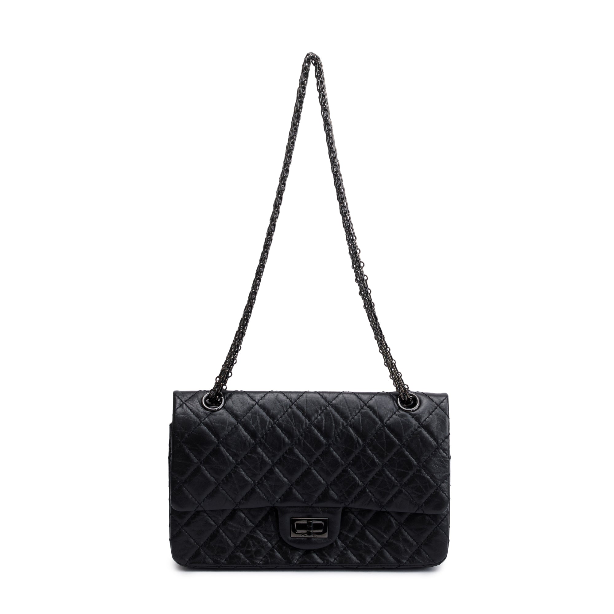 Chanel So Black Calfskin Leather 2.55 Reissue 225 Double Flap Bag w/ Box & Authenticity Card
