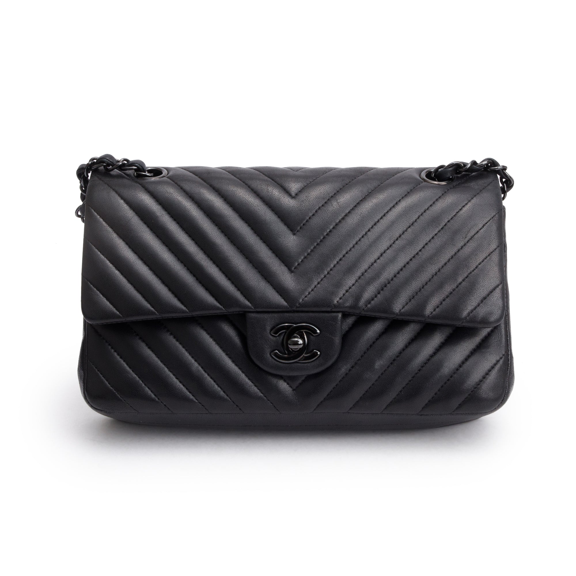 Chanel So Black Chevron Quilted Lambskin Leather Classic Medium Double Flap Bag