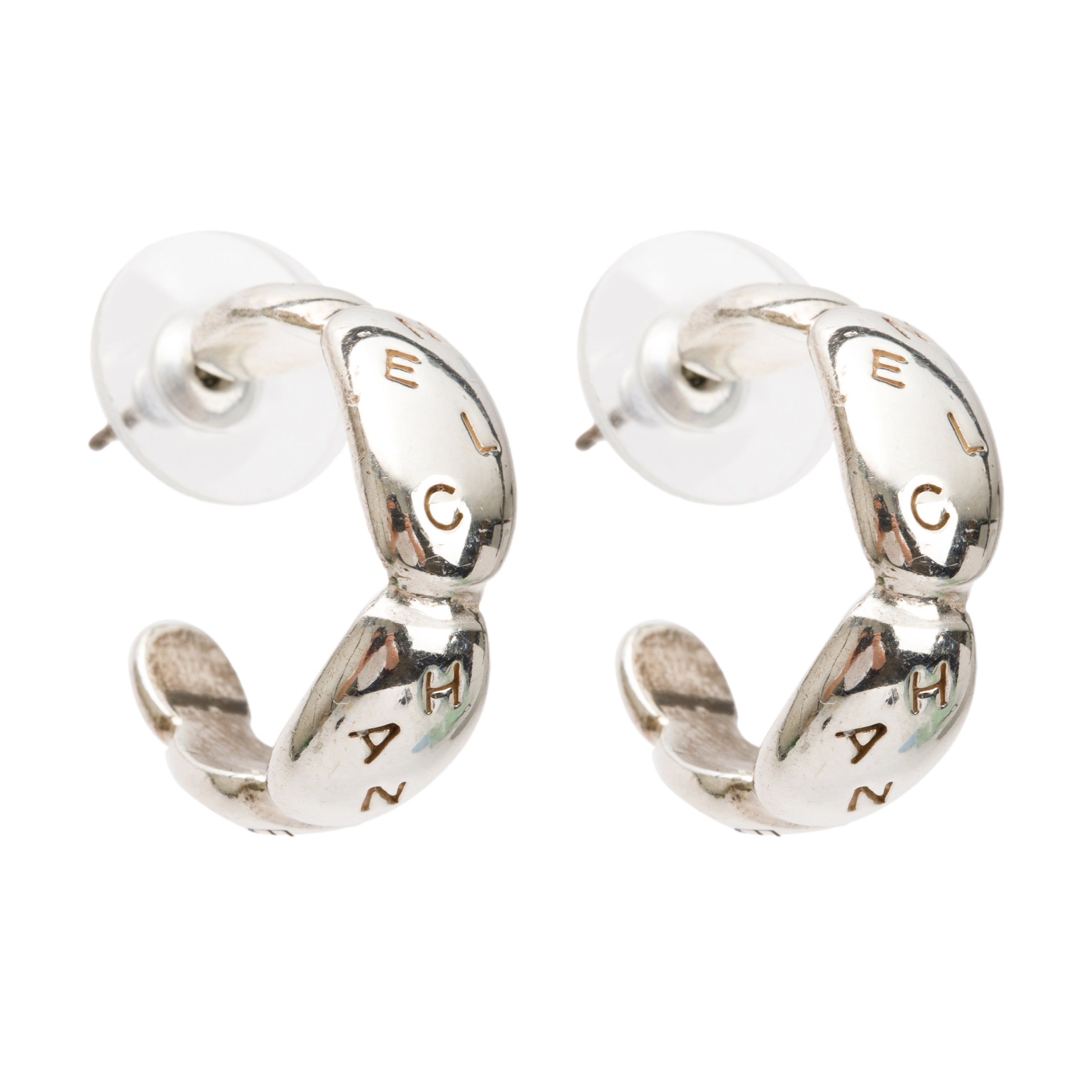Chanel Sterling Silver Logo Engraved Hoop Earrings w/ Box