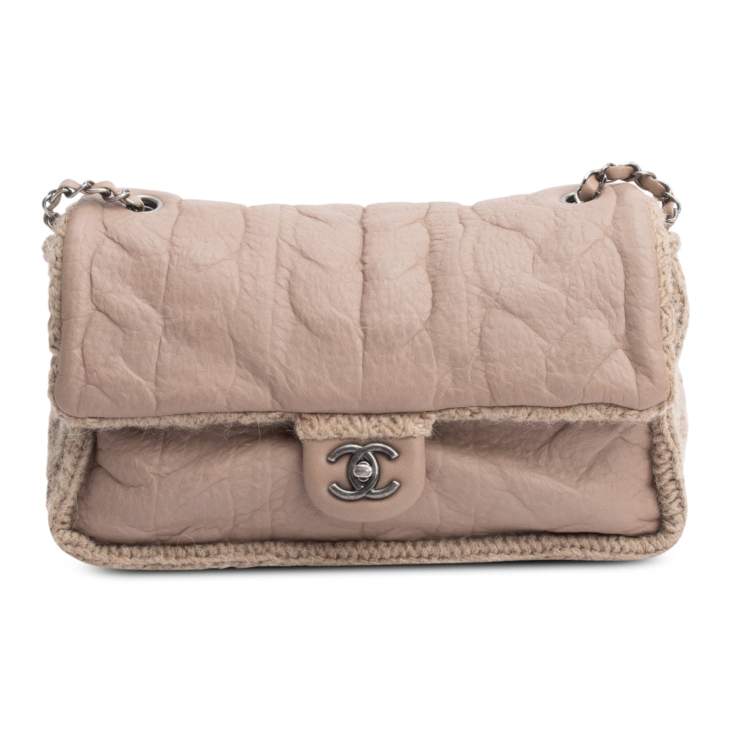 Chanel Taupe Sheepskin & Wool Small Chic Knit Flap Bag w/ Authenticity Card