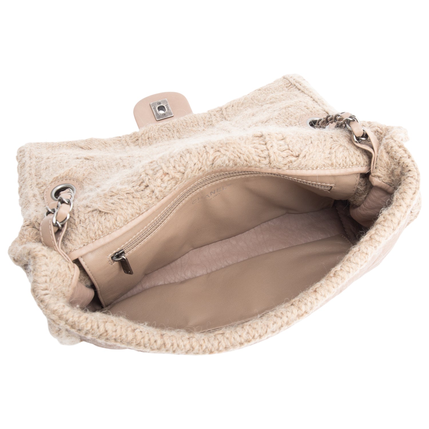 Chanel Taupe Sheepskin & Wool Small Chic Knit Flap Bag w/ Authenticity Card