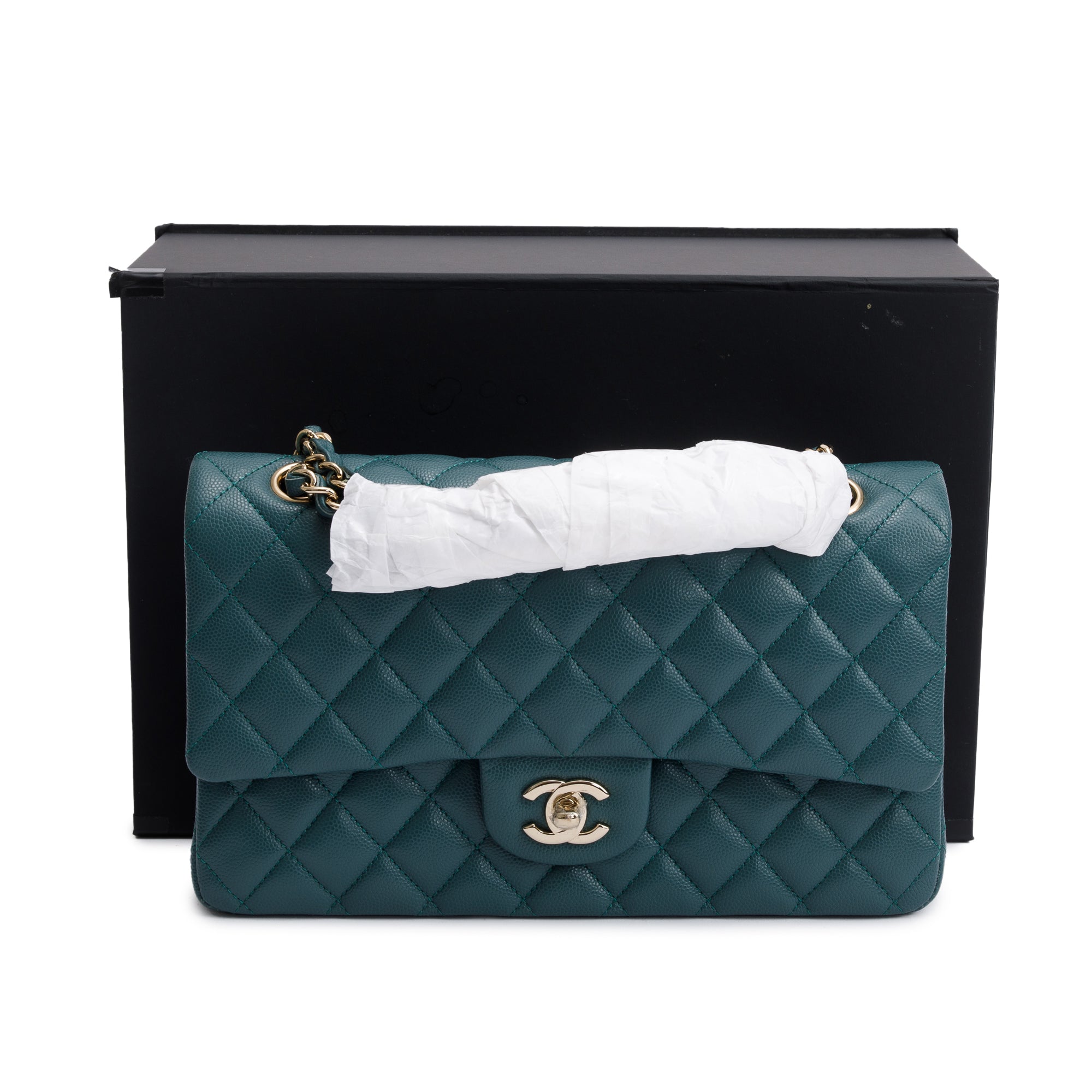 Chanel Teal Quilted Caviar Leather Classic Medium Double Flap Bag w/ Box & Authenticity Card