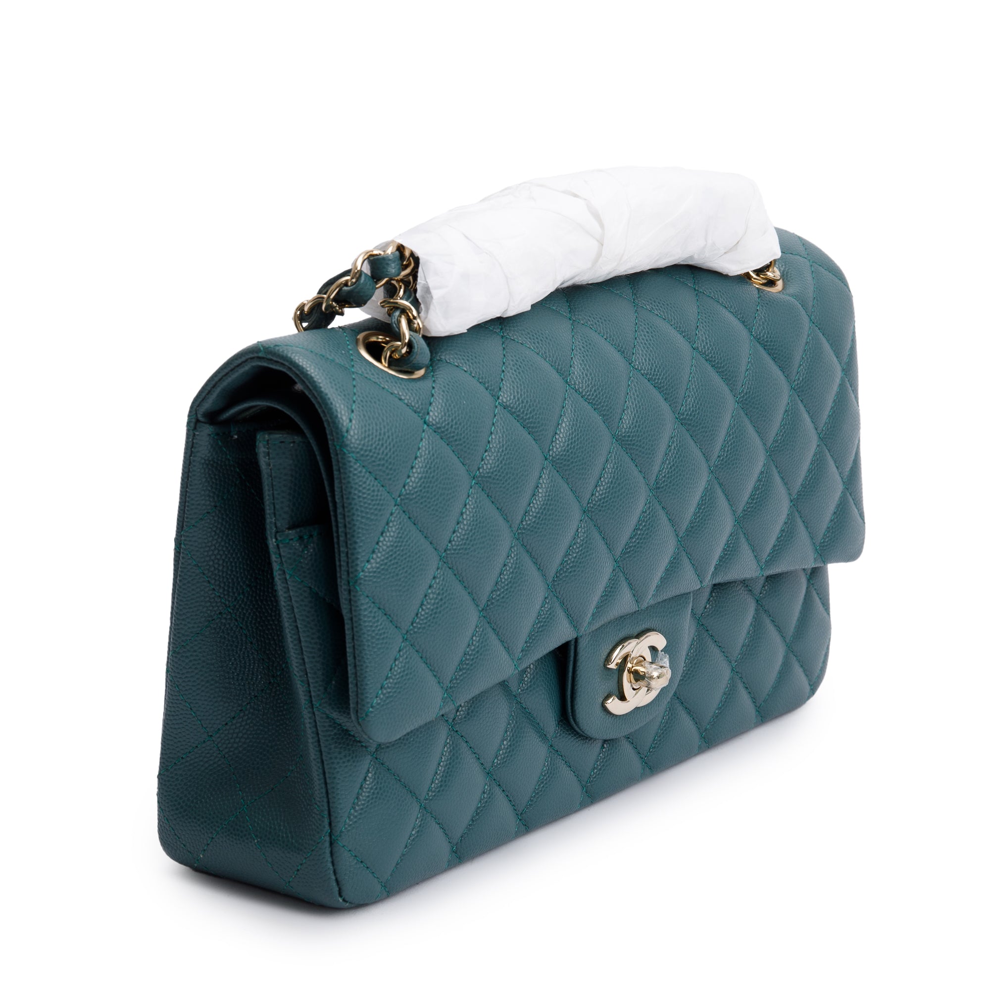 Chanel Teal Quilted Caviar Leather Classic Medium Double Flap Bag w/ Box & Authenticity Card