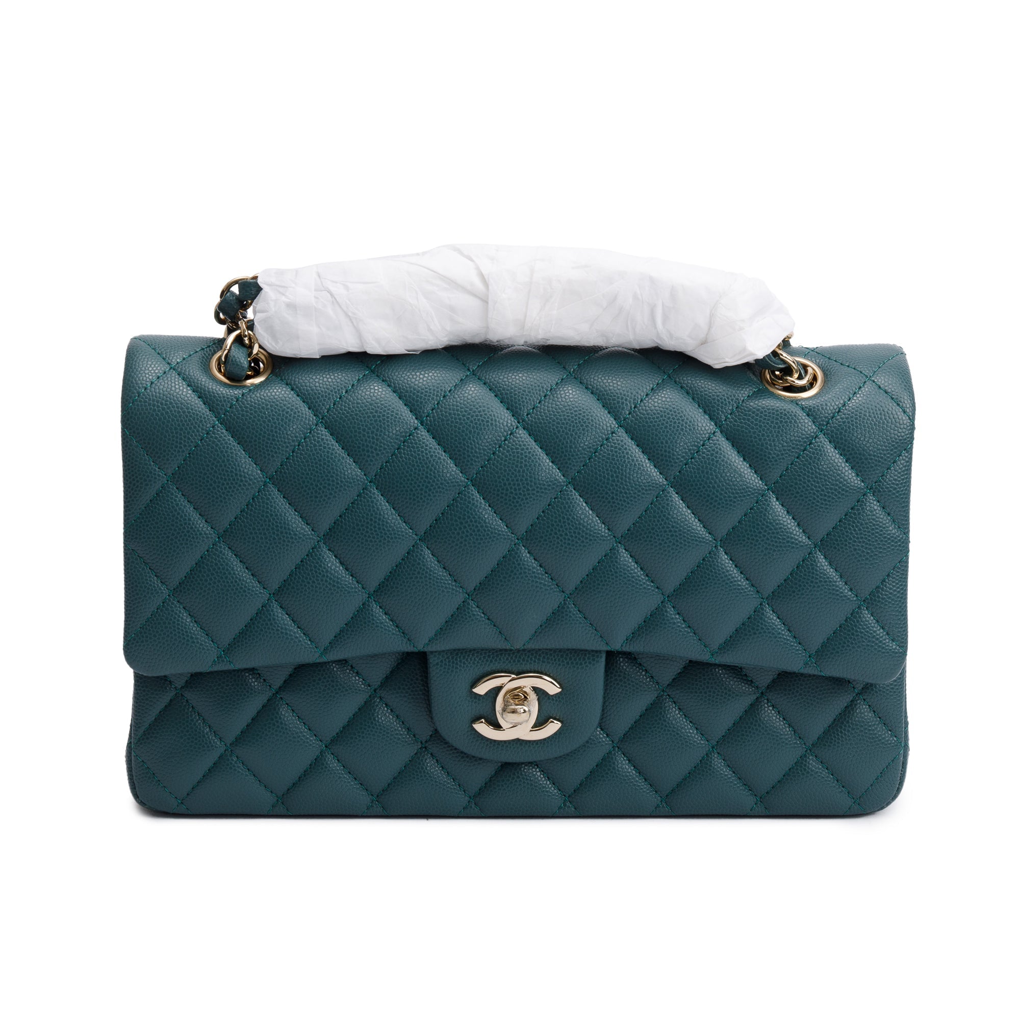 Chanel Teal Quilted Caviar Leather Classic Medium Double Flap Bag w/ Box & Authenticity Card