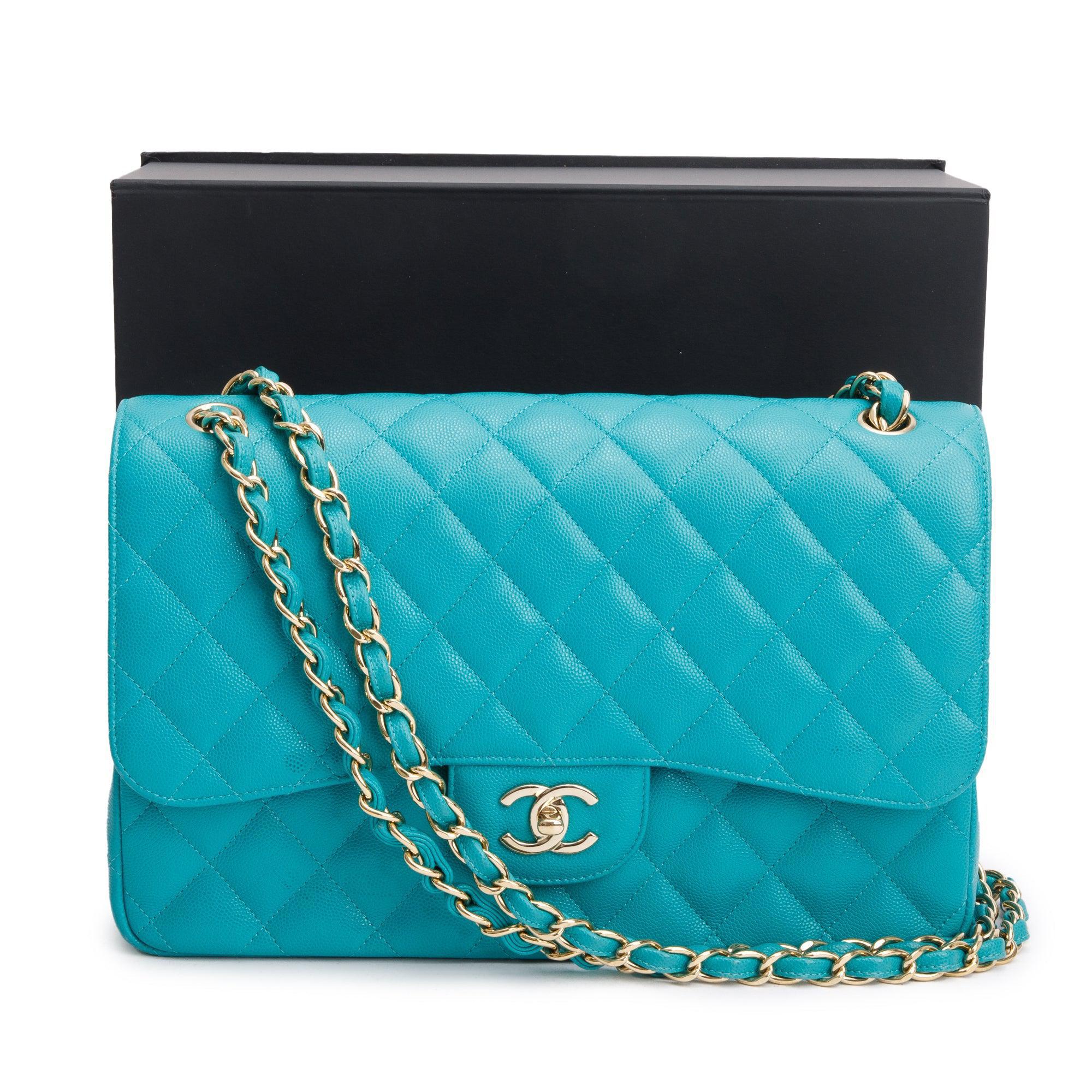 Chanel Turquoise Caviar Leather Classic Jumbo Double Flap Bag w/ Box