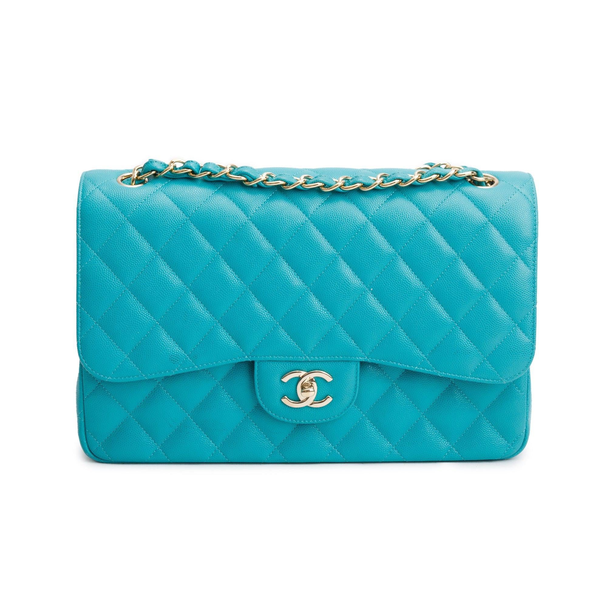 Chanel Turquoise Caviar Leather Classic Jumbo Double Flap Bag w/ Box