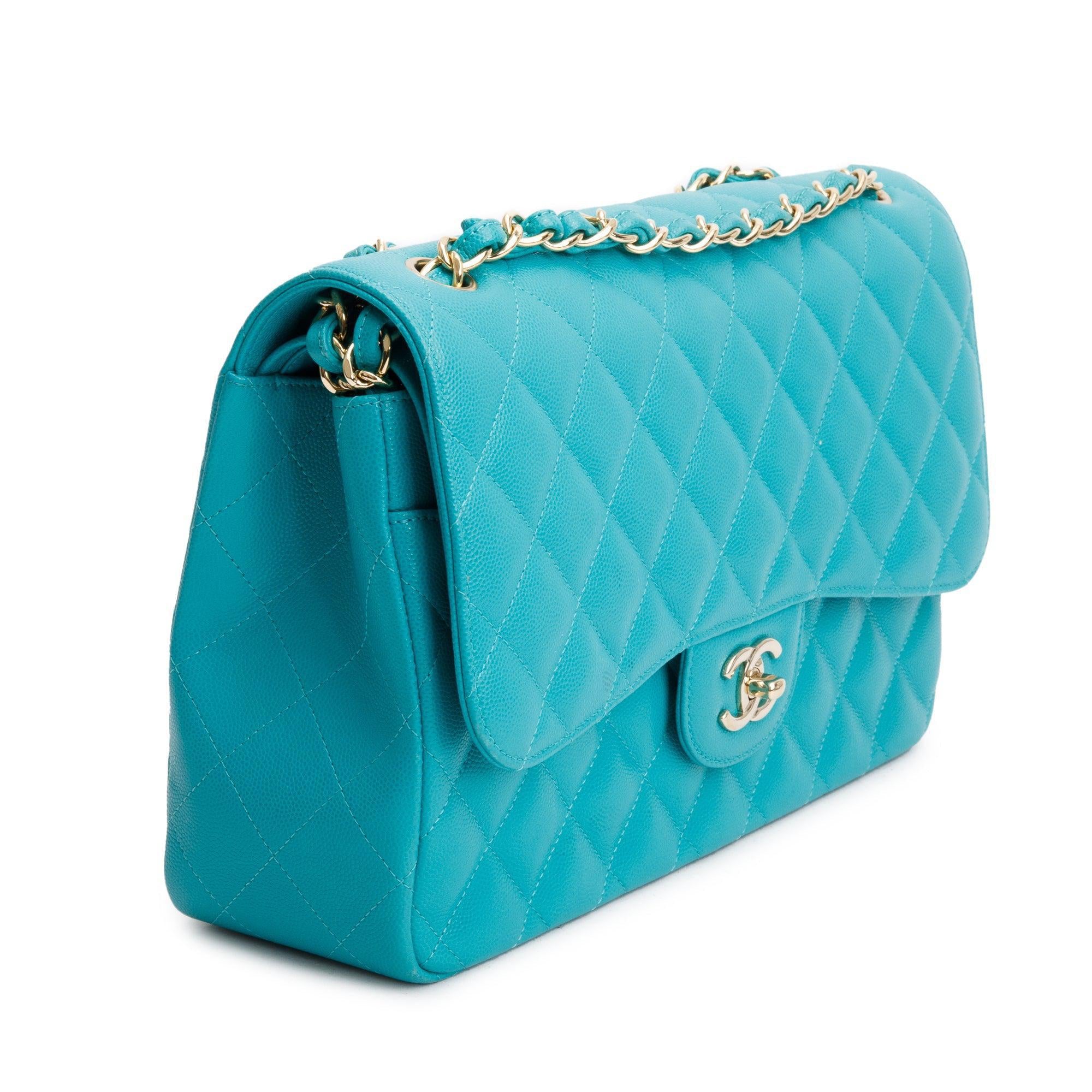 Chanel Turquoise Caviar Leather Classic Jumbo Double Flap Bag w/ Box