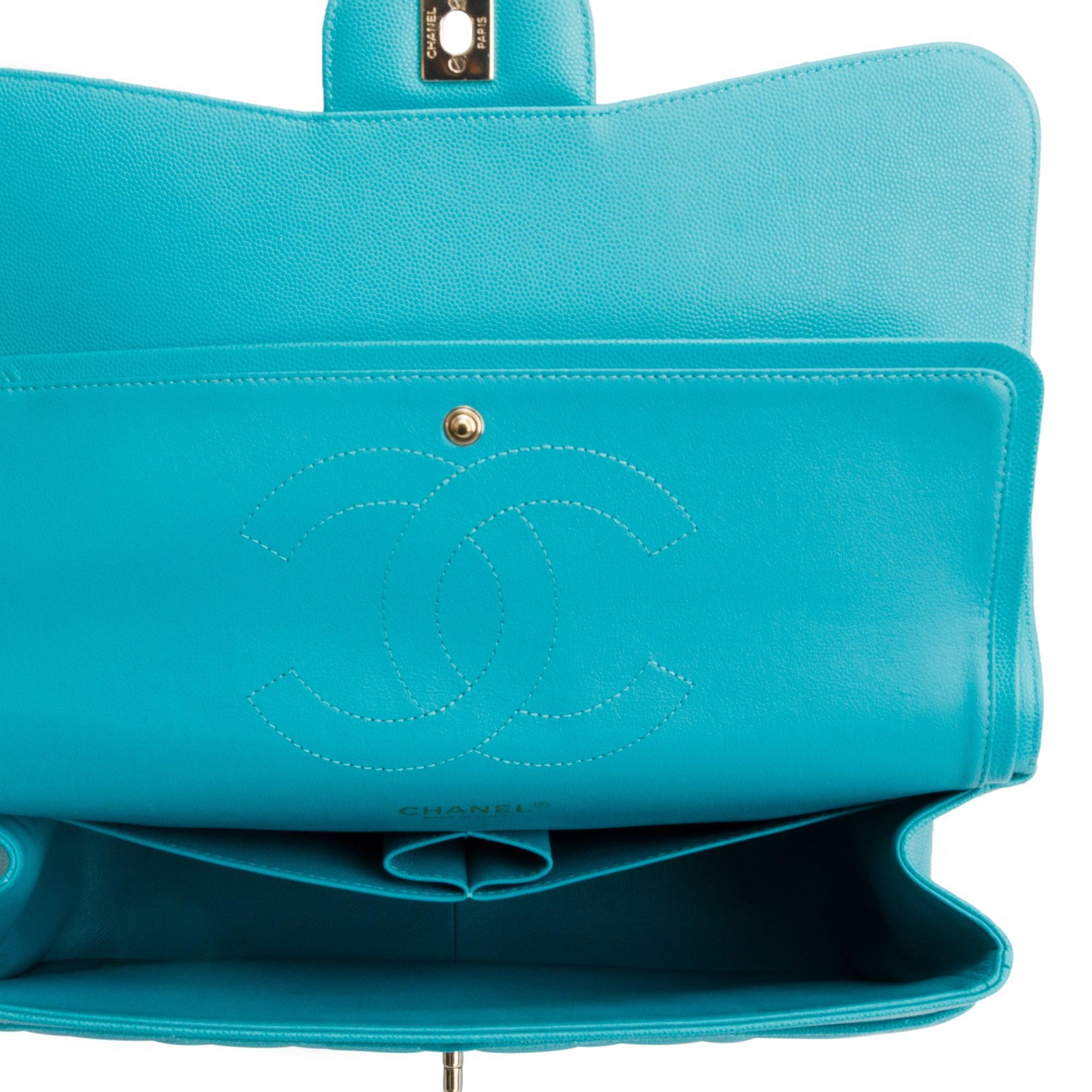 Chanel Turquoise Caviar Leather Classic Jumbo Double Flap Bag w/ Box