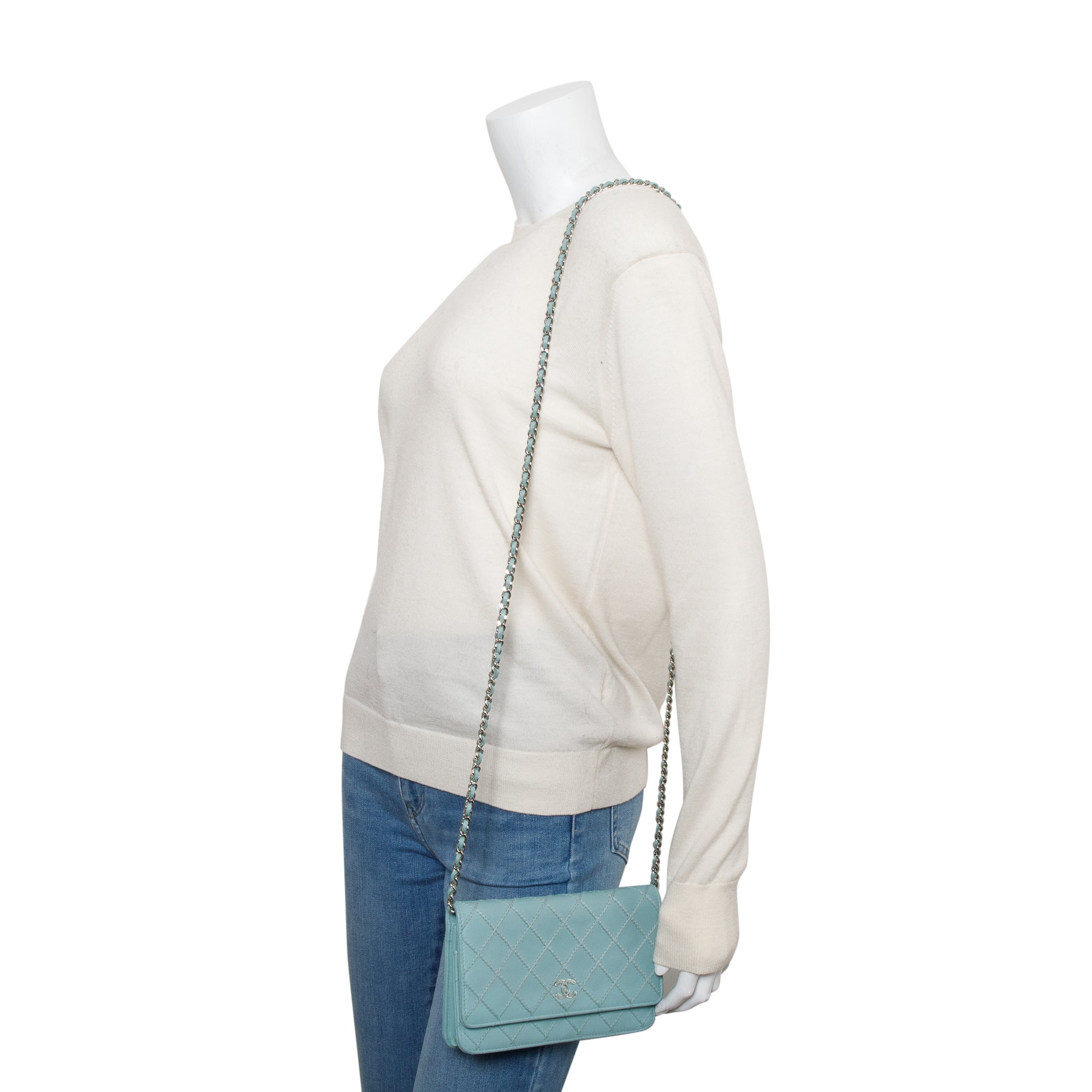 Chanel Turquoise Quilted Calfskin Leather Diamond Stitch Wallet on Chain w/ Authenticity Card