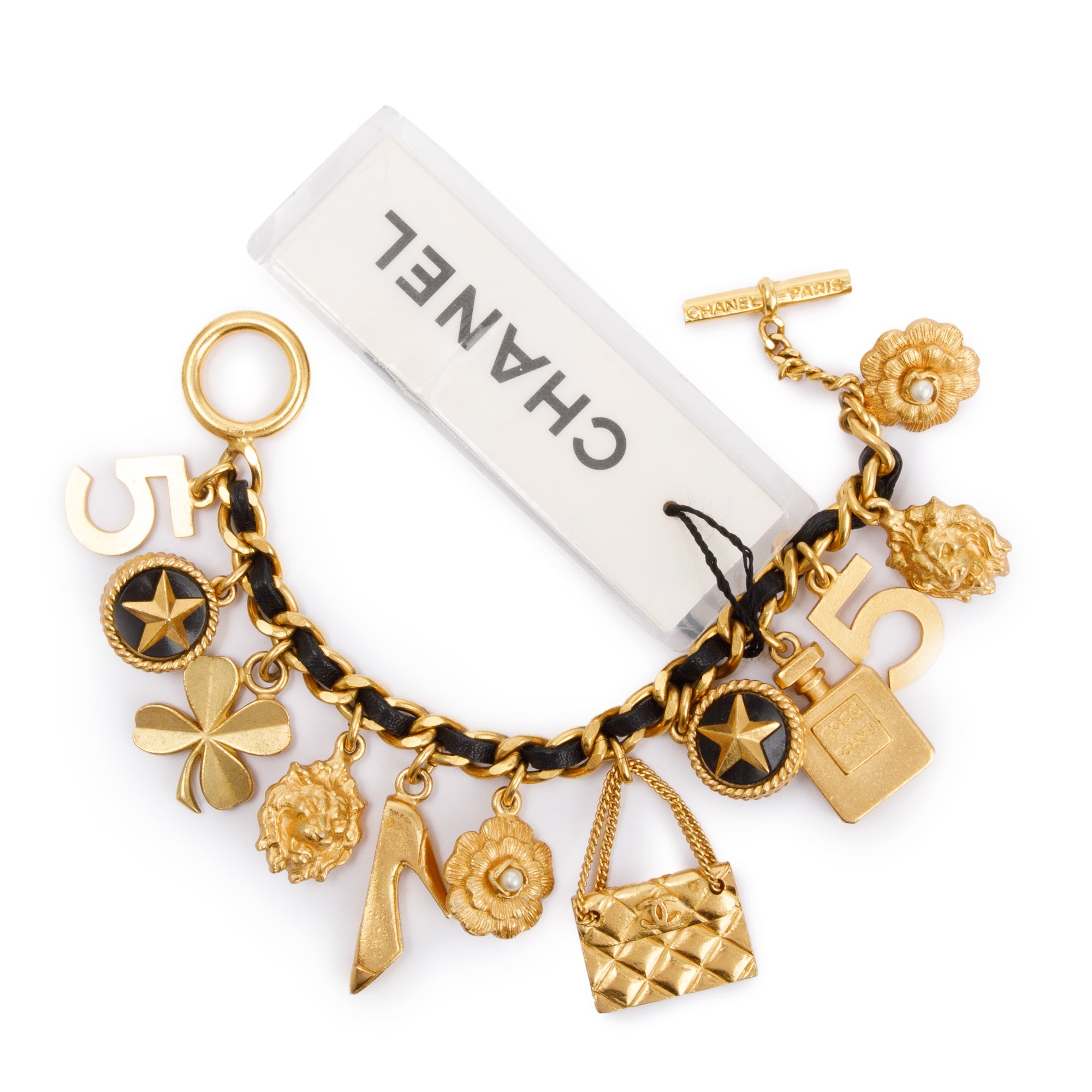 Chanel Vintage 1995 Gold Plated & Leather Icon Charms Bracelet w/ Tags