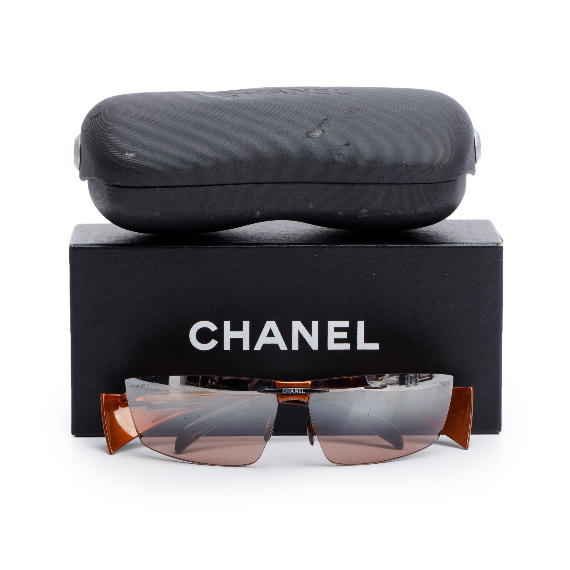 Chanel Vintage 6001-Z Brown Rimless Shield Sunglasses w/ Box