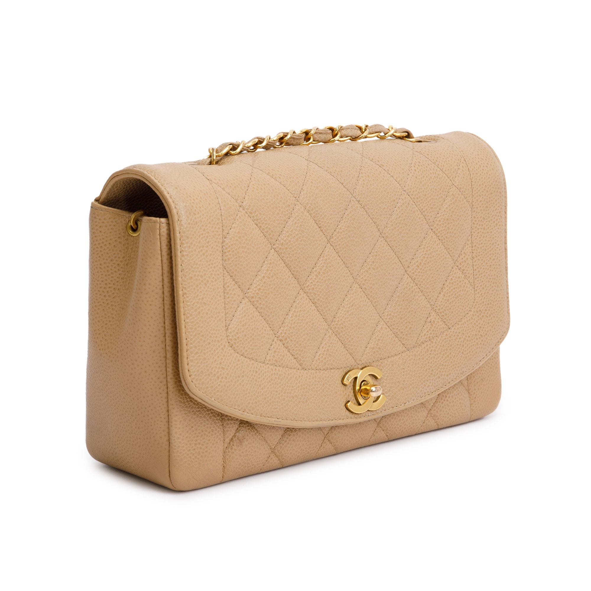 Chanel Vintage Beige Caviar Leather Medium Diana Flap Bag w/ Box
