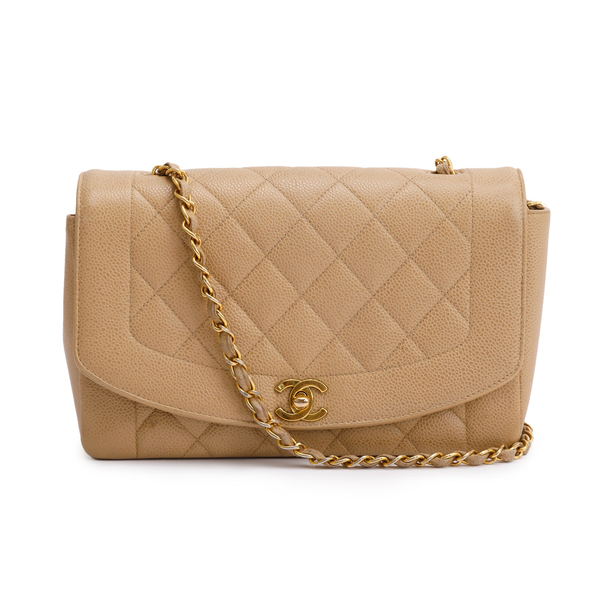 Chanel Vintage Beige Caviar Leather Medium Diana Flap Bag w/ Box
