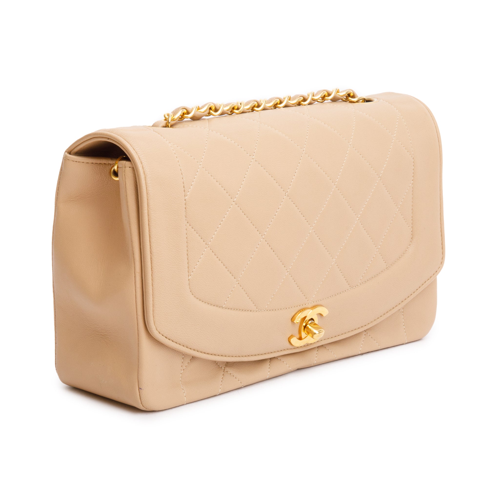 Chanel Vintage Beige Lambskin Leather Medium Diana Flap Bag w/ Box