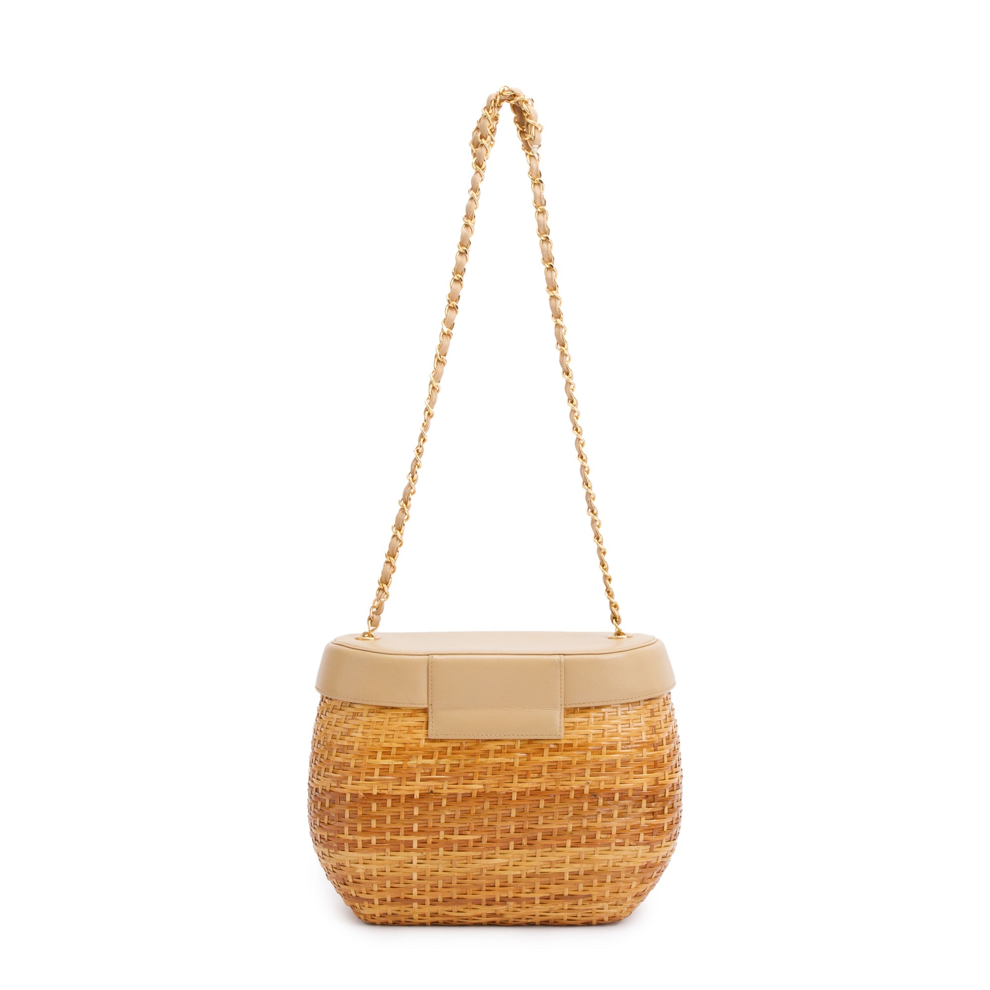 Chanel Vintage Beige Lambskin Leather Wicker Basket Bag w/ Authenticity Card