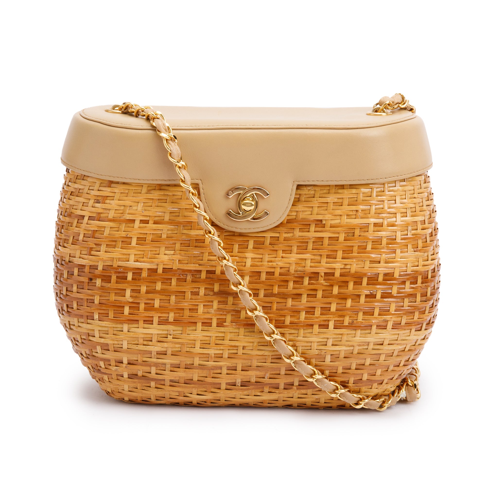 Chanel Vintage Beige Lambskin Leather Wicker Basket Bag w/ Authenticity Card