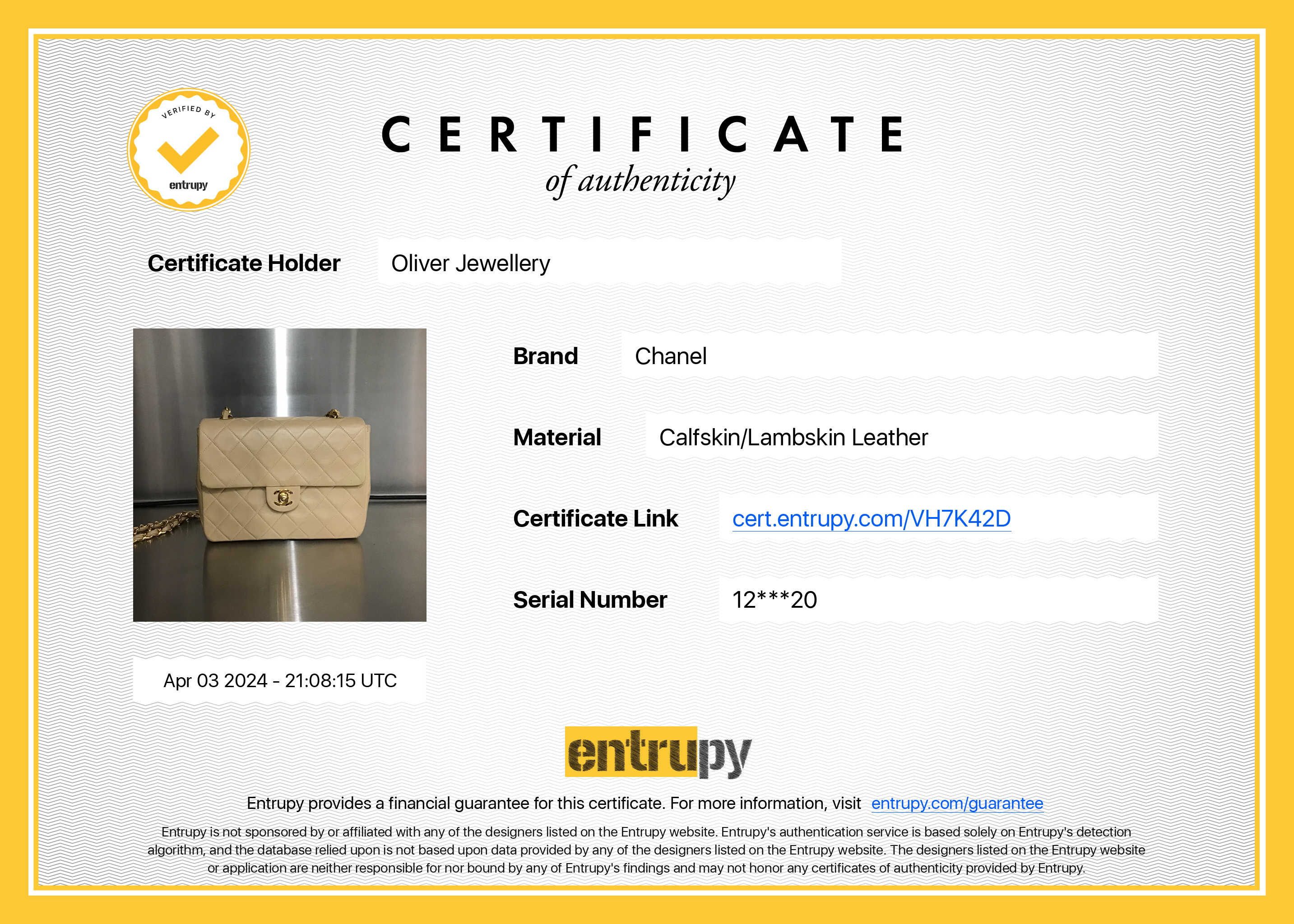 Chanel Vintage Beige Leather Small Square Single Flap Bag w/ Authenticity Card