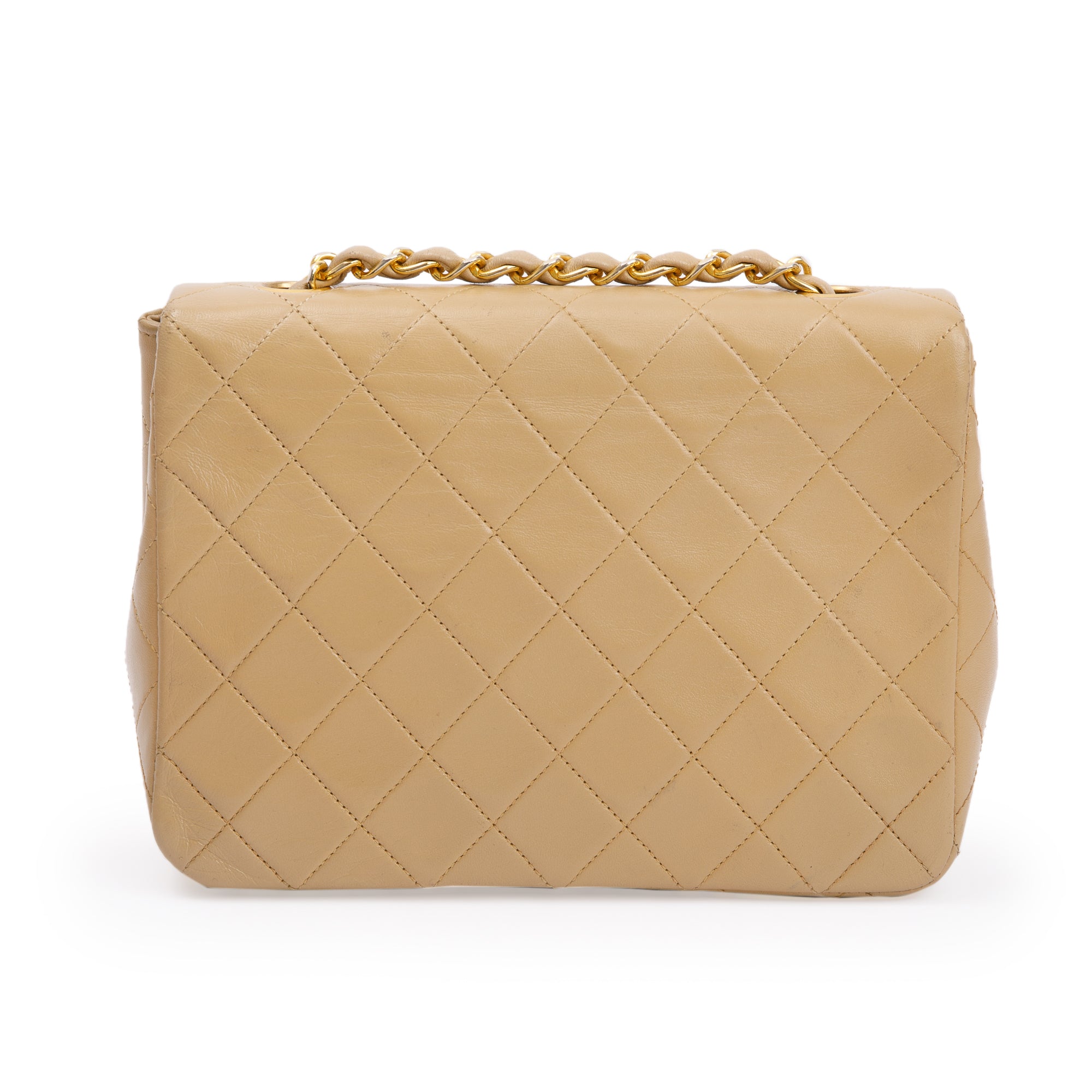 Chanel Vintage Beige Leather Small Square Single Flap Bag w/ Authenticity Card