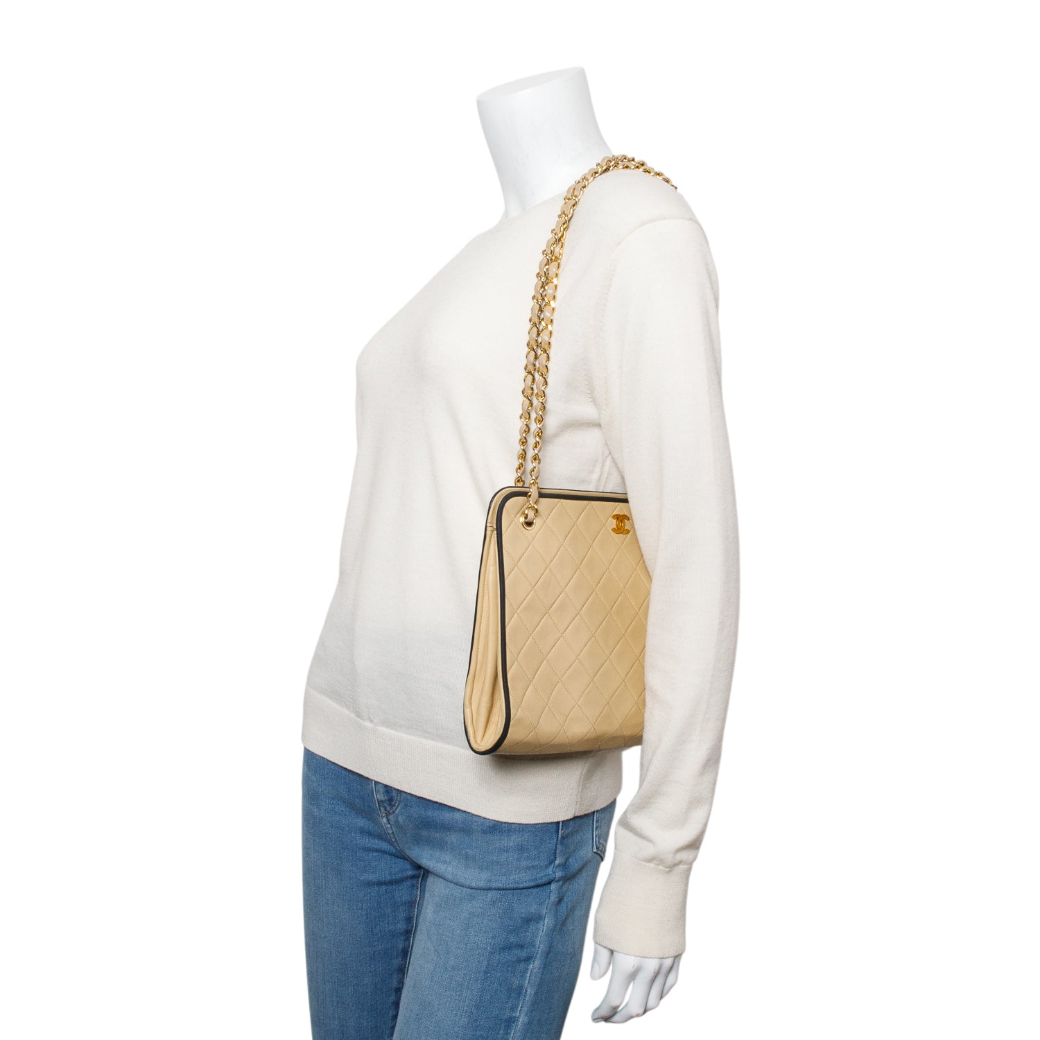 Chanel Vintage Beige Quilted CC Shoulder Bag