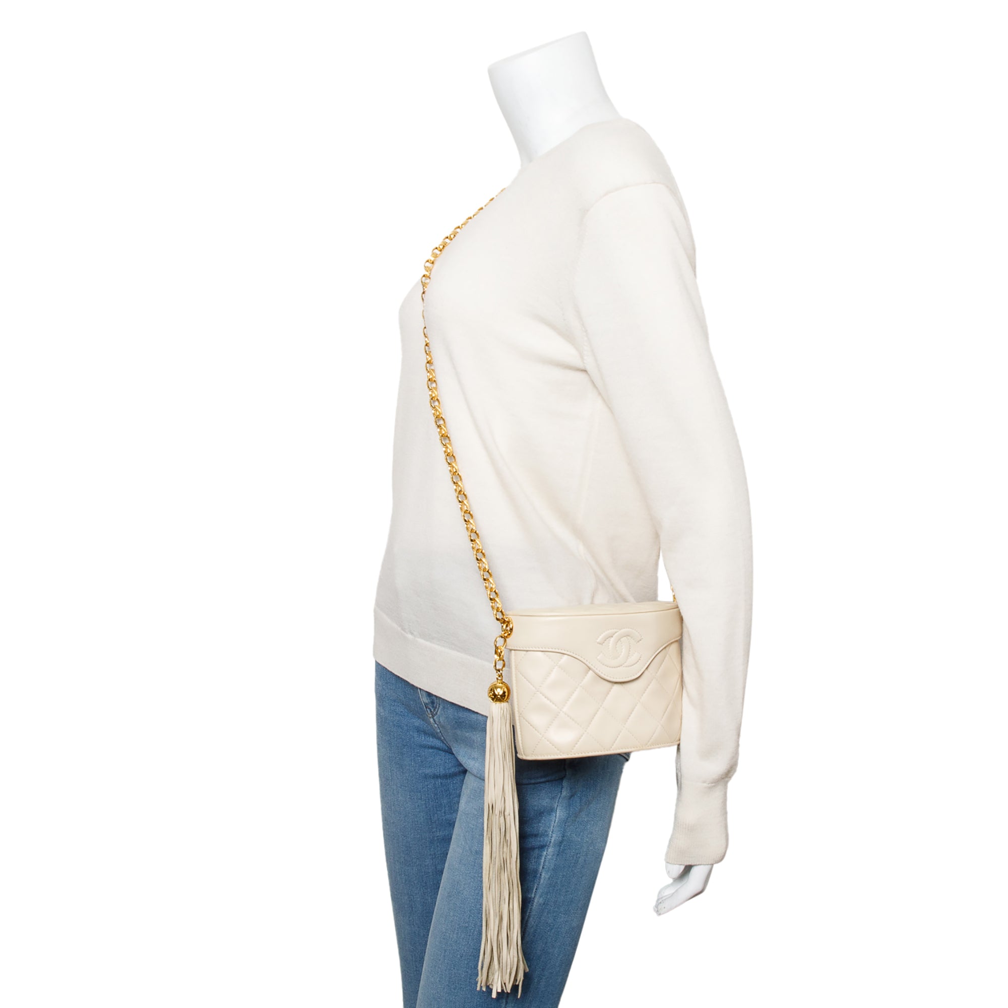Chanel Vintage Beige Quilted Lambskin Leather Tassel Vanity Case on Chain w/ Box & Authenticity Card